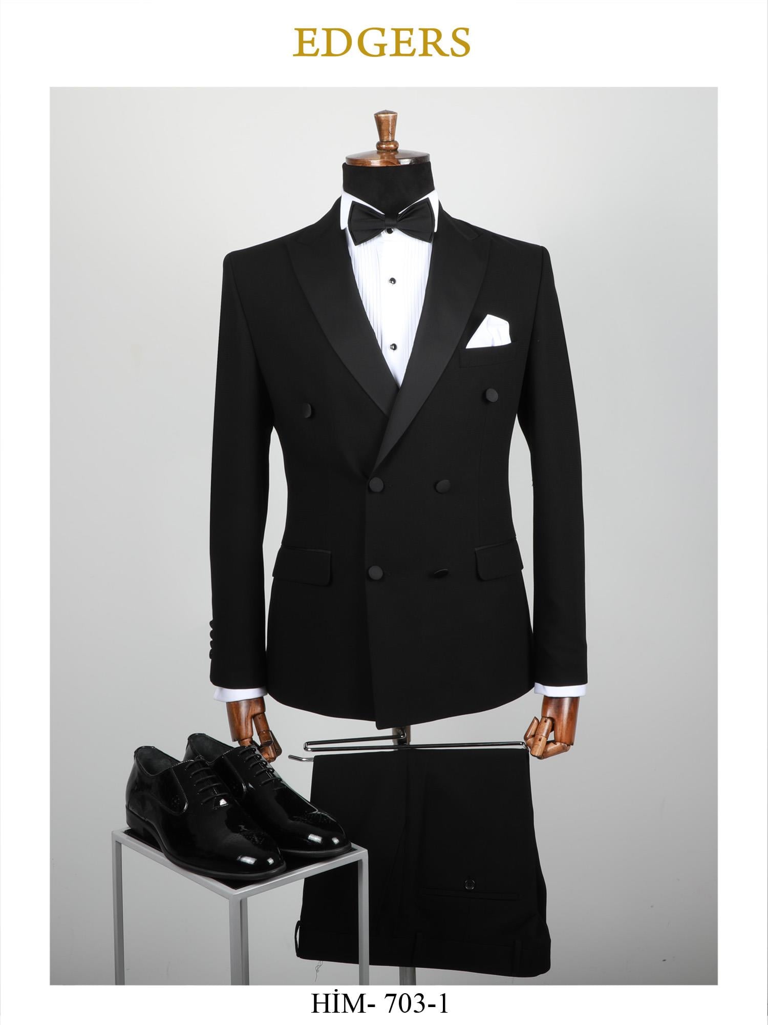 Edgers Tek Düğme Yelekli Black Slim Fit Damatlık Takım HİM 703