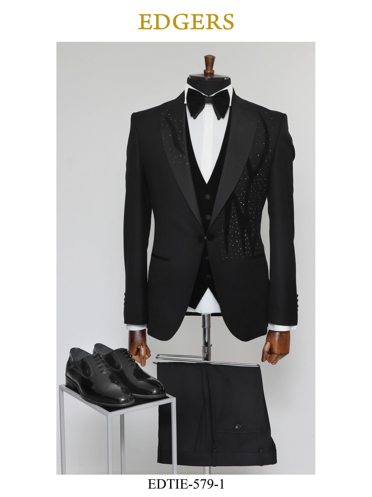 Edgers Tek Düğme Yelekli Black Slim Fit Damatlık Takım HİM 579