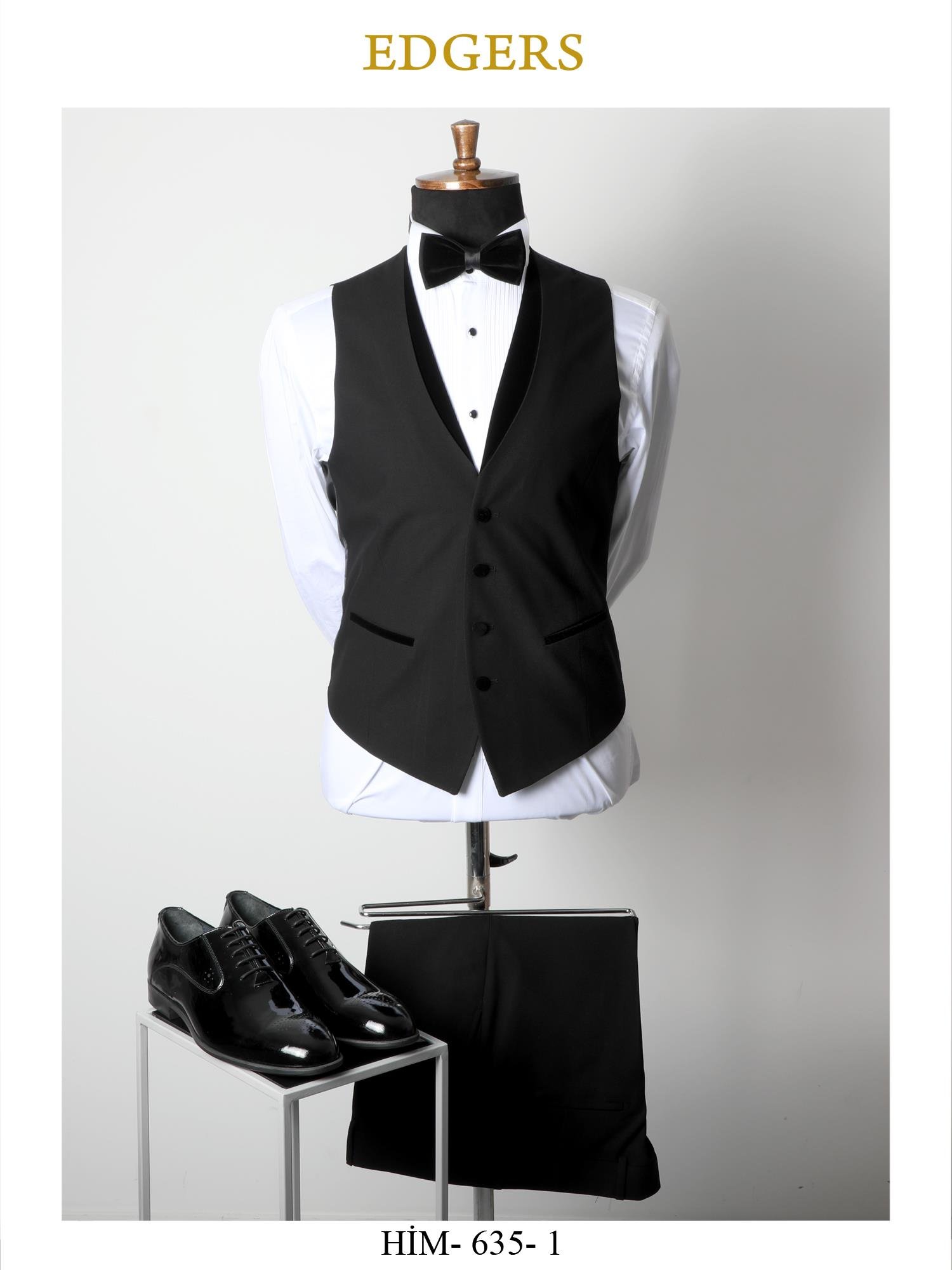 Edgers Tek Düğme Yelekli Black Slim Fit Damatlık Takım HİM 635