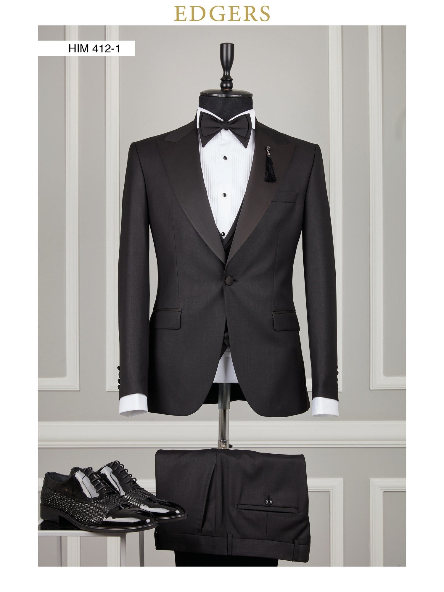 Edgers Tek Düğme Yelekli Black Slim Fit Damatlık Takım HİM 412