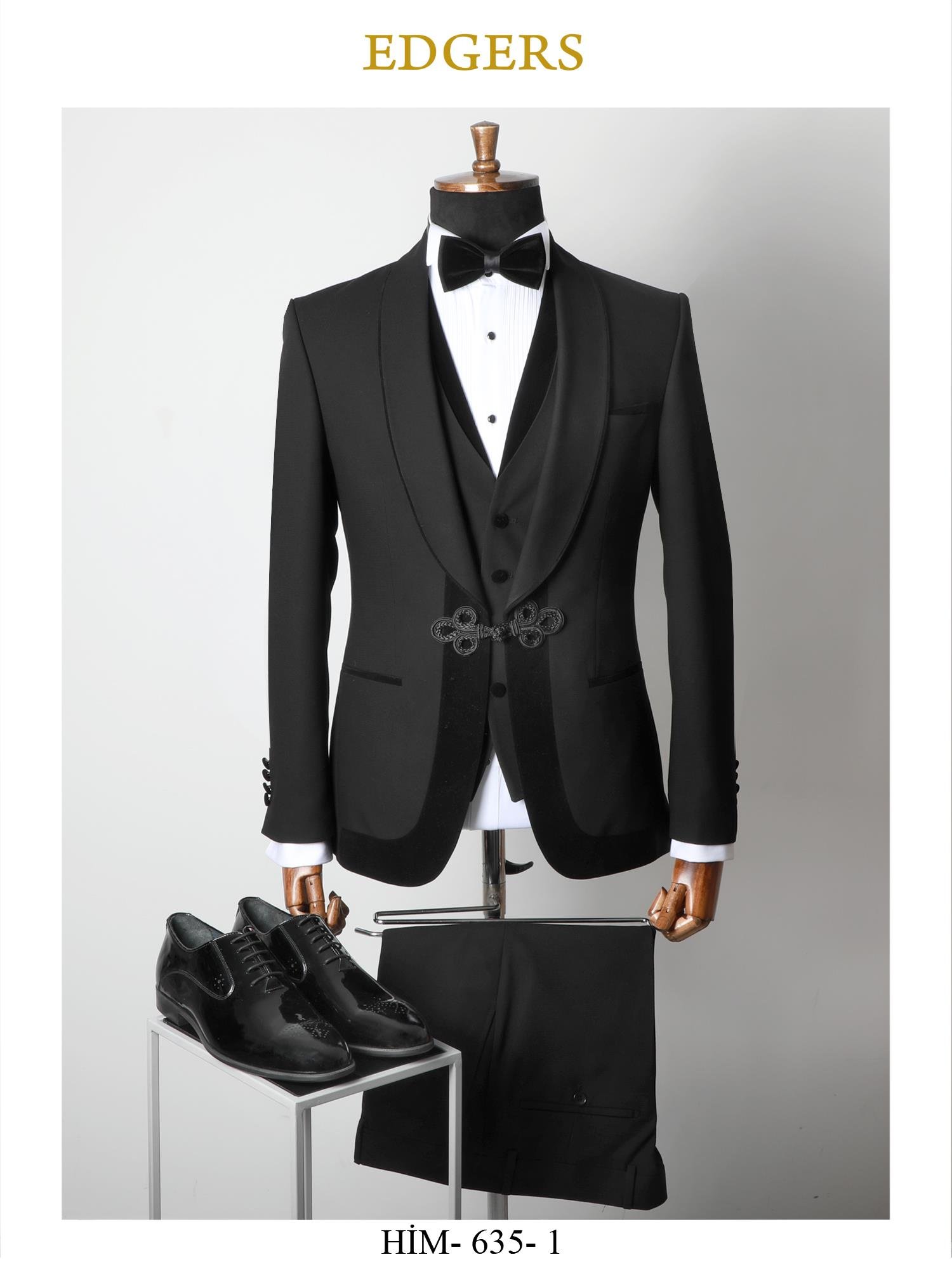 Edgers Tek Düğme Yelekli Black Slim Fit Damatlık Takım HİM 635