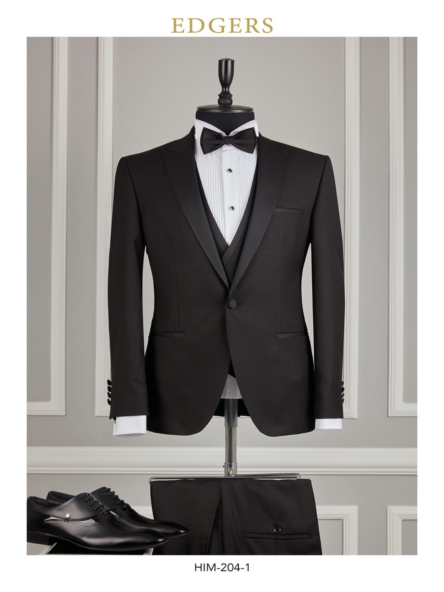 Edgers Tek Düğme Yelekli Black Slim Fit Damatlık Takım HİM 204