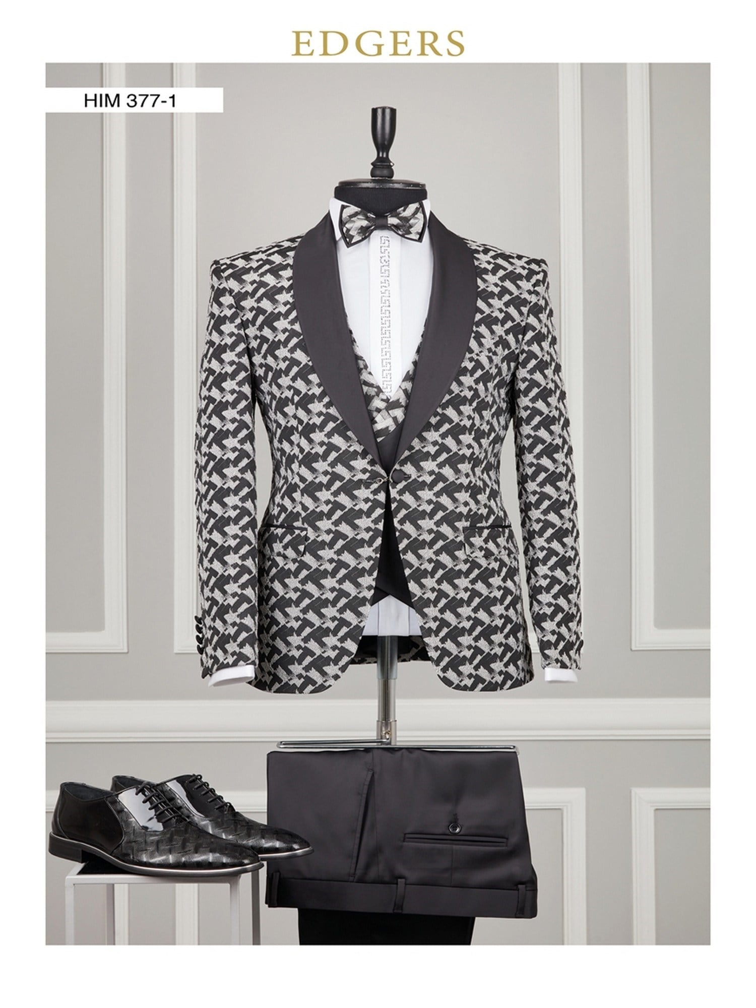 Edgers Tek Düğme Yelekli Black White Slim Fit Damatlık Takım HİM 377