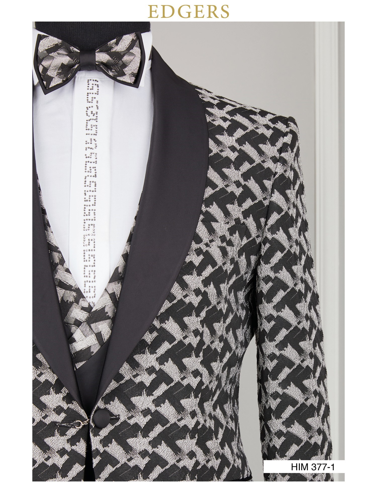Edgers Tek Düğme Yelekli Black White Slim Fit Damatlık Takım HİM 377