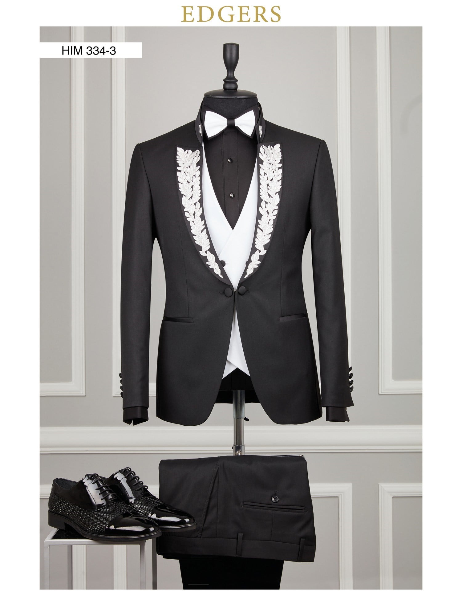 Edgers Tek Düğme Yelekli Black White Slim Fit Damatlık Takım HİM 334