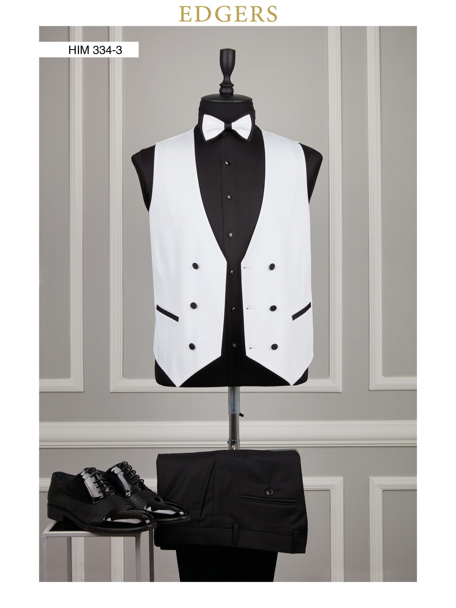 Edgers Tek Düğme Yelekli Black White Slim Fit Damatlık Takım HİM 334