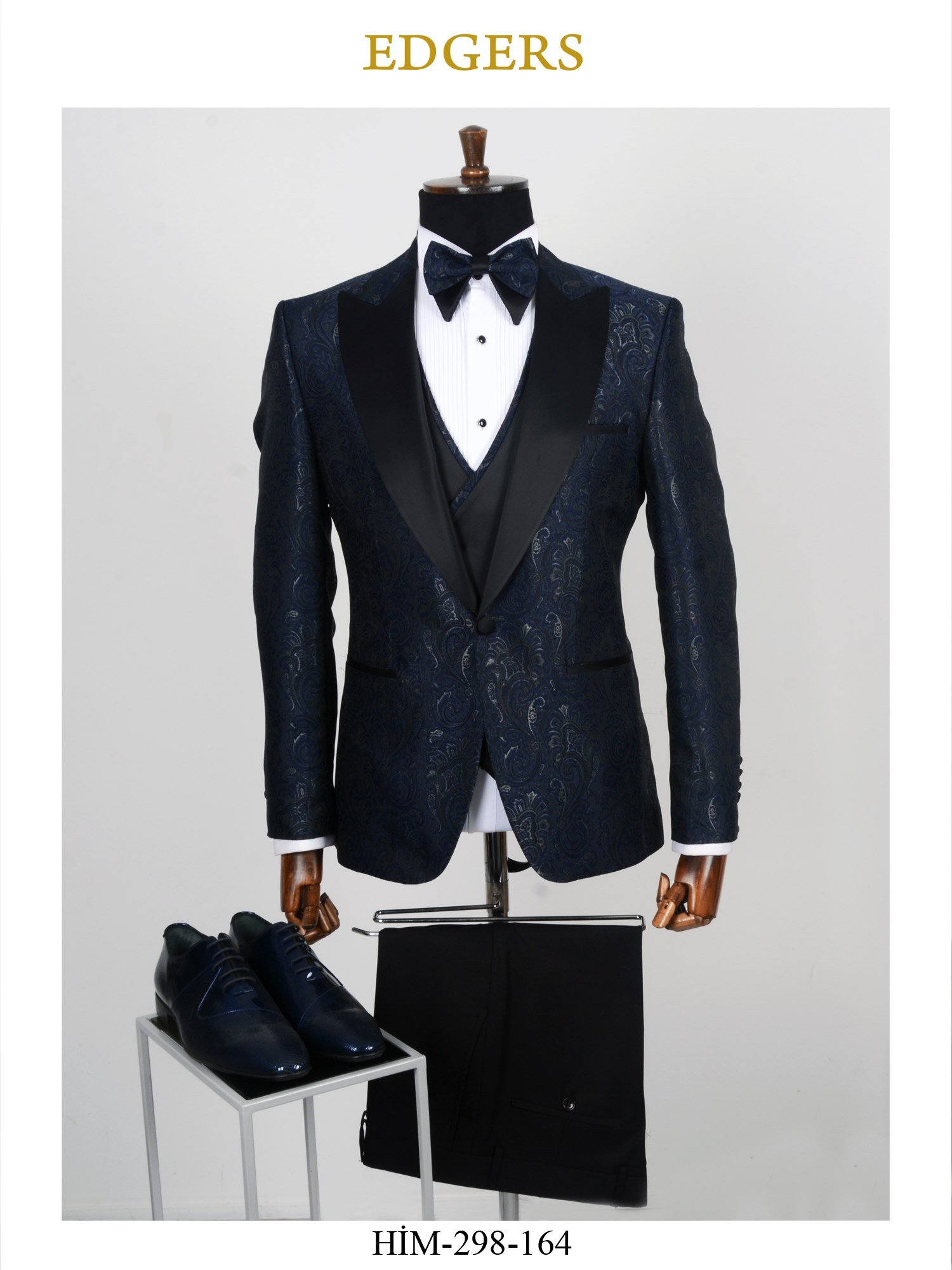 One Button Single Breasted Shawl Collar Dark Navy Patterned Ceremony Suit Wholesale