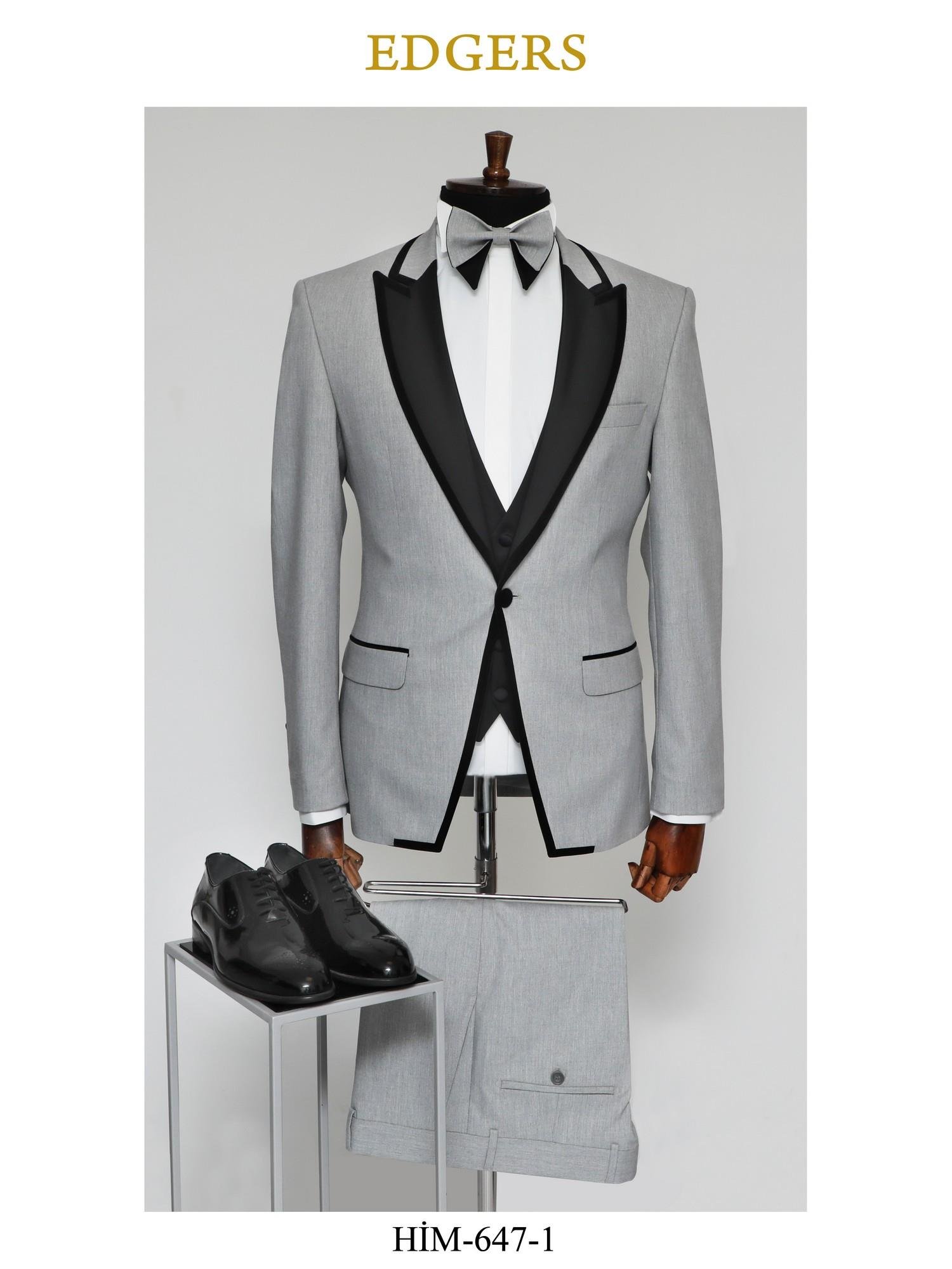 Edgers Tek Düğme Yelekli Grey Slim Fit Damatlık Takım HİM 647