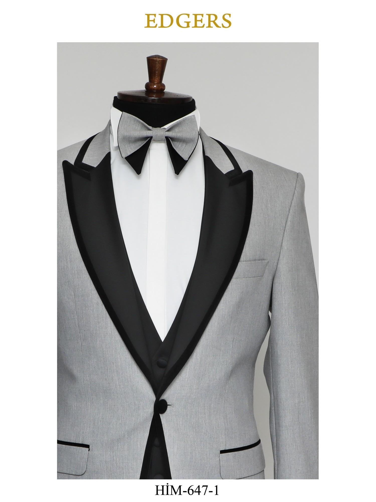 Edgers Tek Düğme Yelekli Grey Slim Fit Damatlık Takım HİM 647