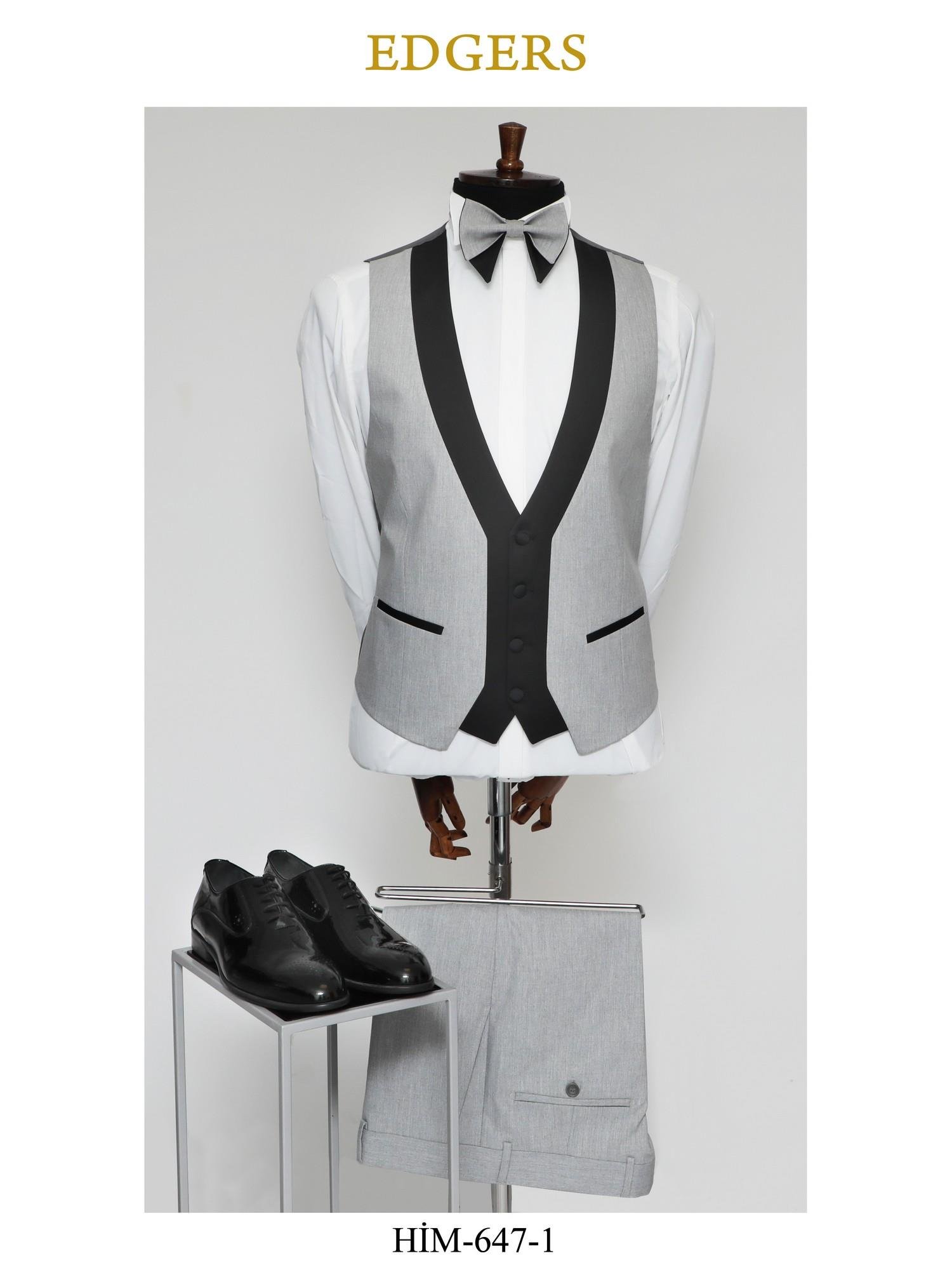 Edgers Tek Düğme Yelekli Grey Slim Fit Damatlık Takım HİM 647