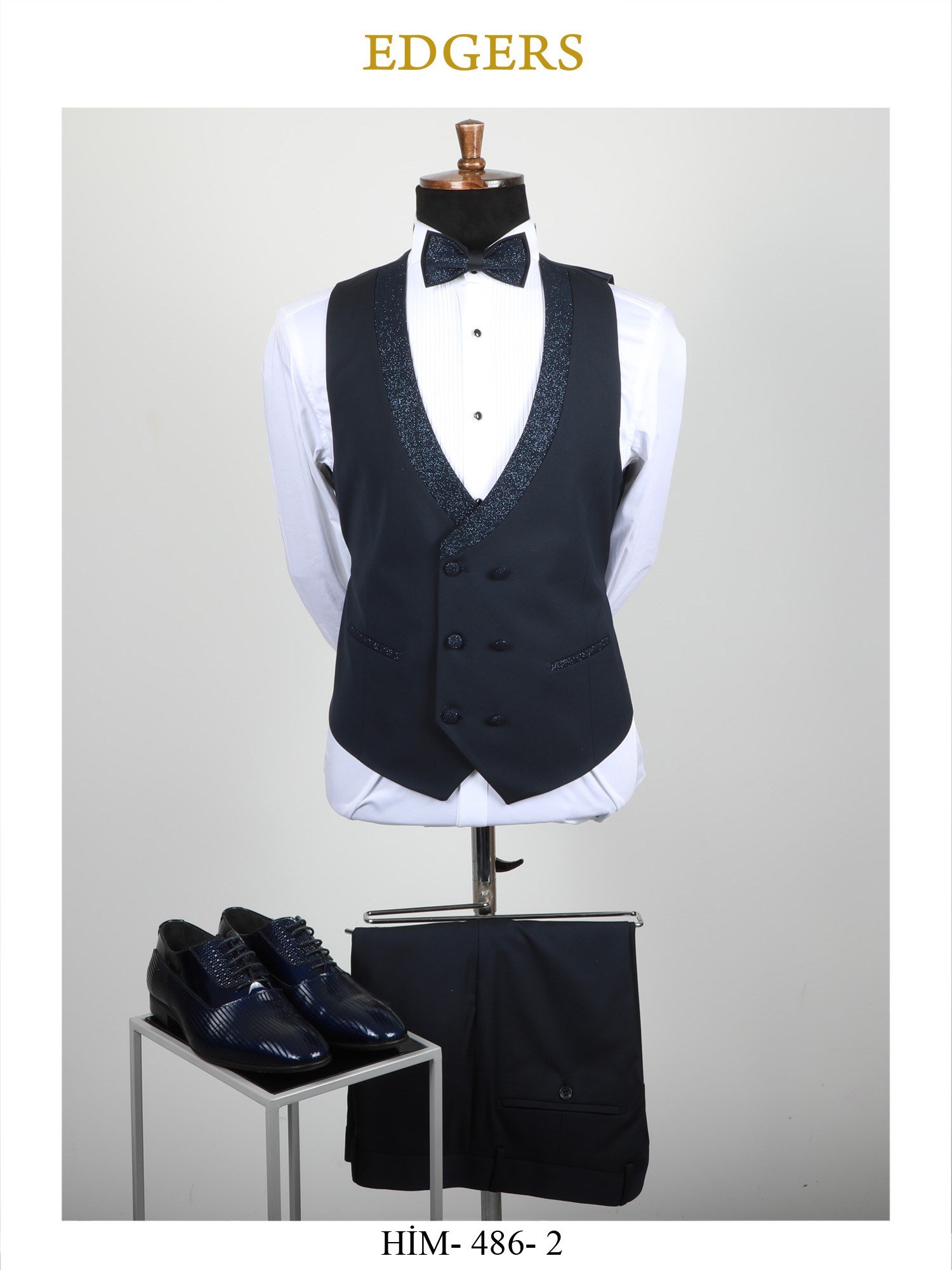 Edgers Tek Düğme Yelekli Navy Blue Sivery Collar Slim Fit Damatlık Takım HİM 486