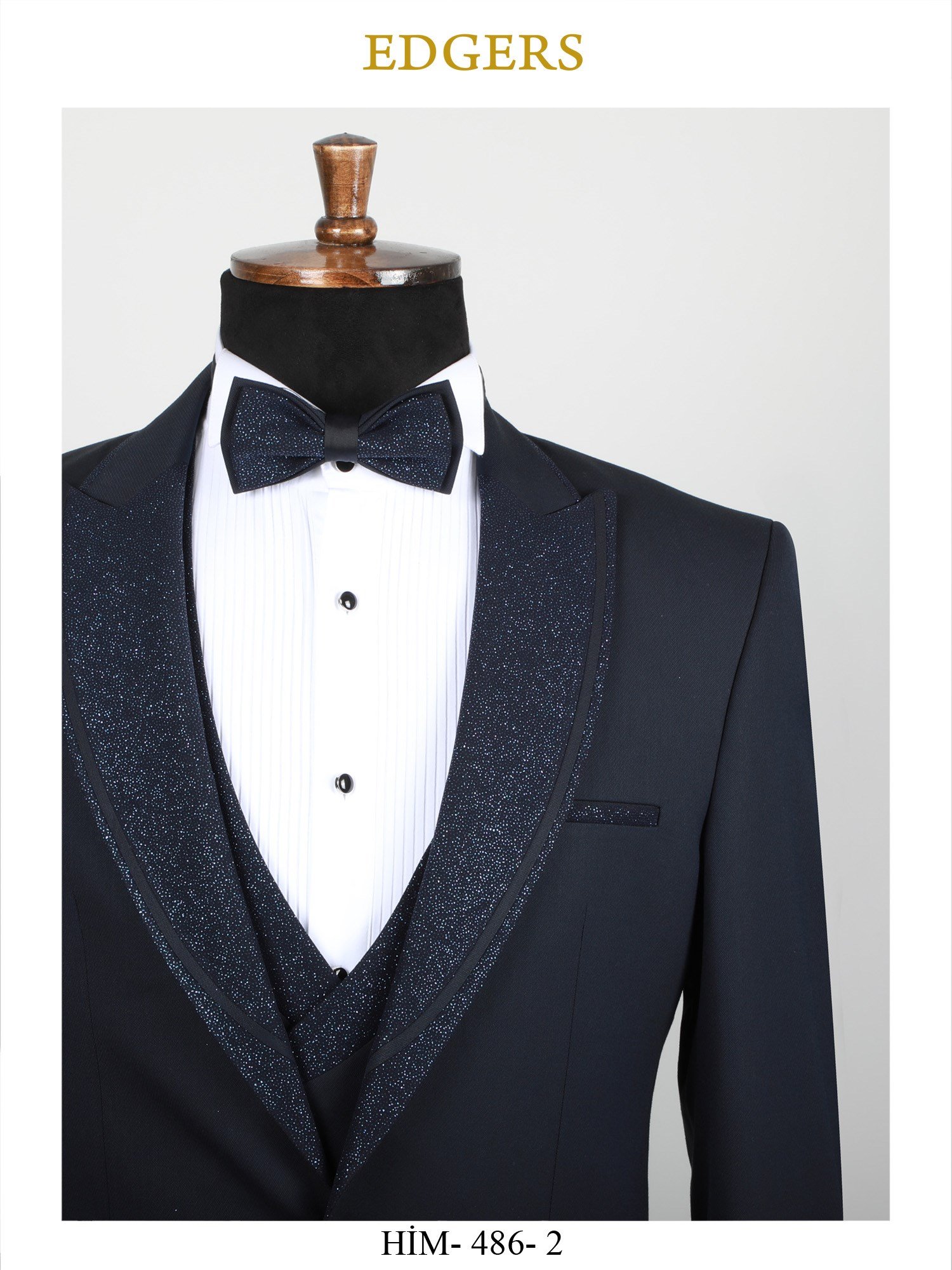Edgers Tek Düğme Yelekli Navy Blue Sivery Collar Slim Fit Damatlık Takım HİM 486