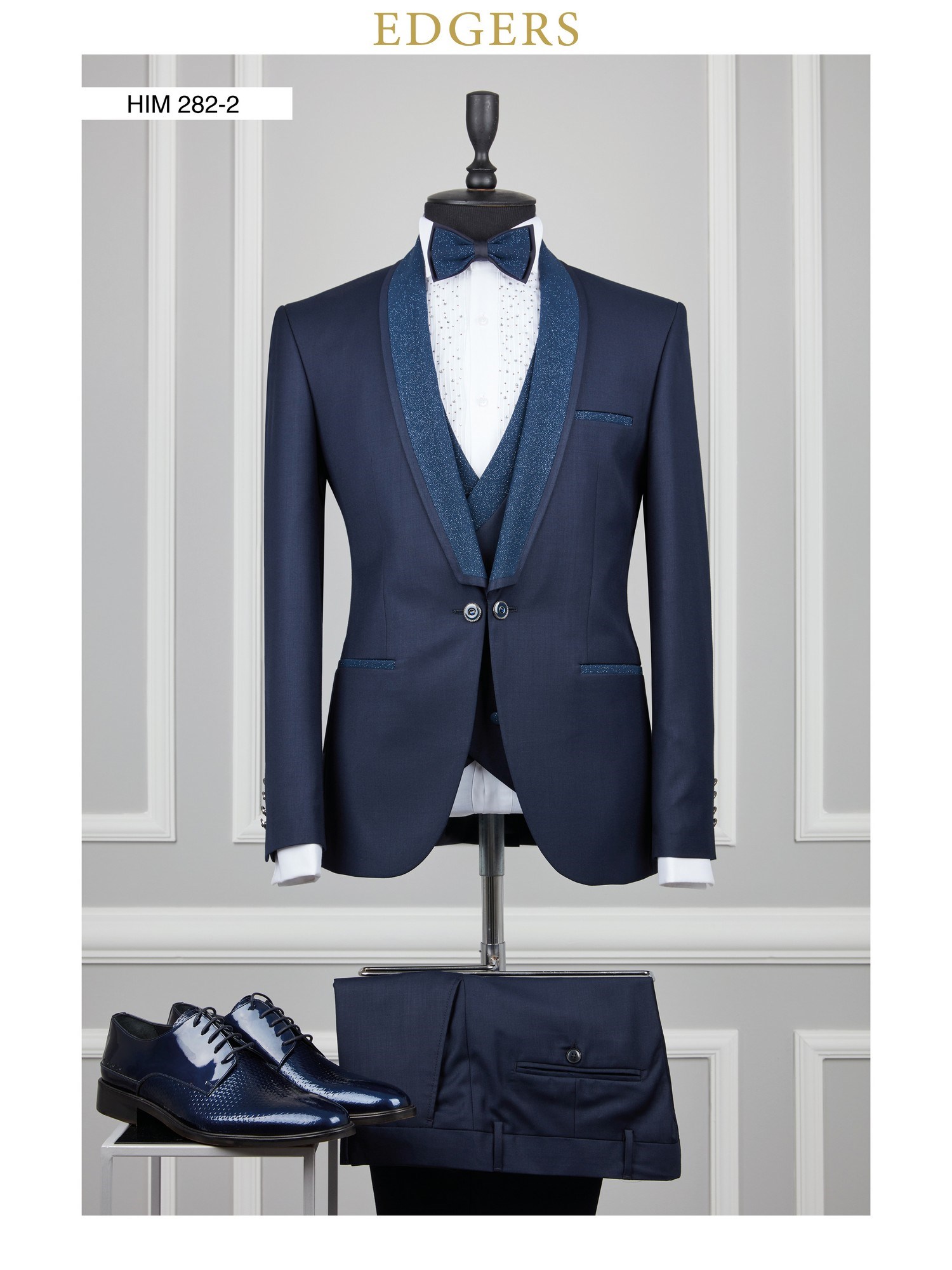 Edgers Tek Düğme Yelekli Navy Blue Sivery Collar Slim Fit Damatlık Takım HİM 282