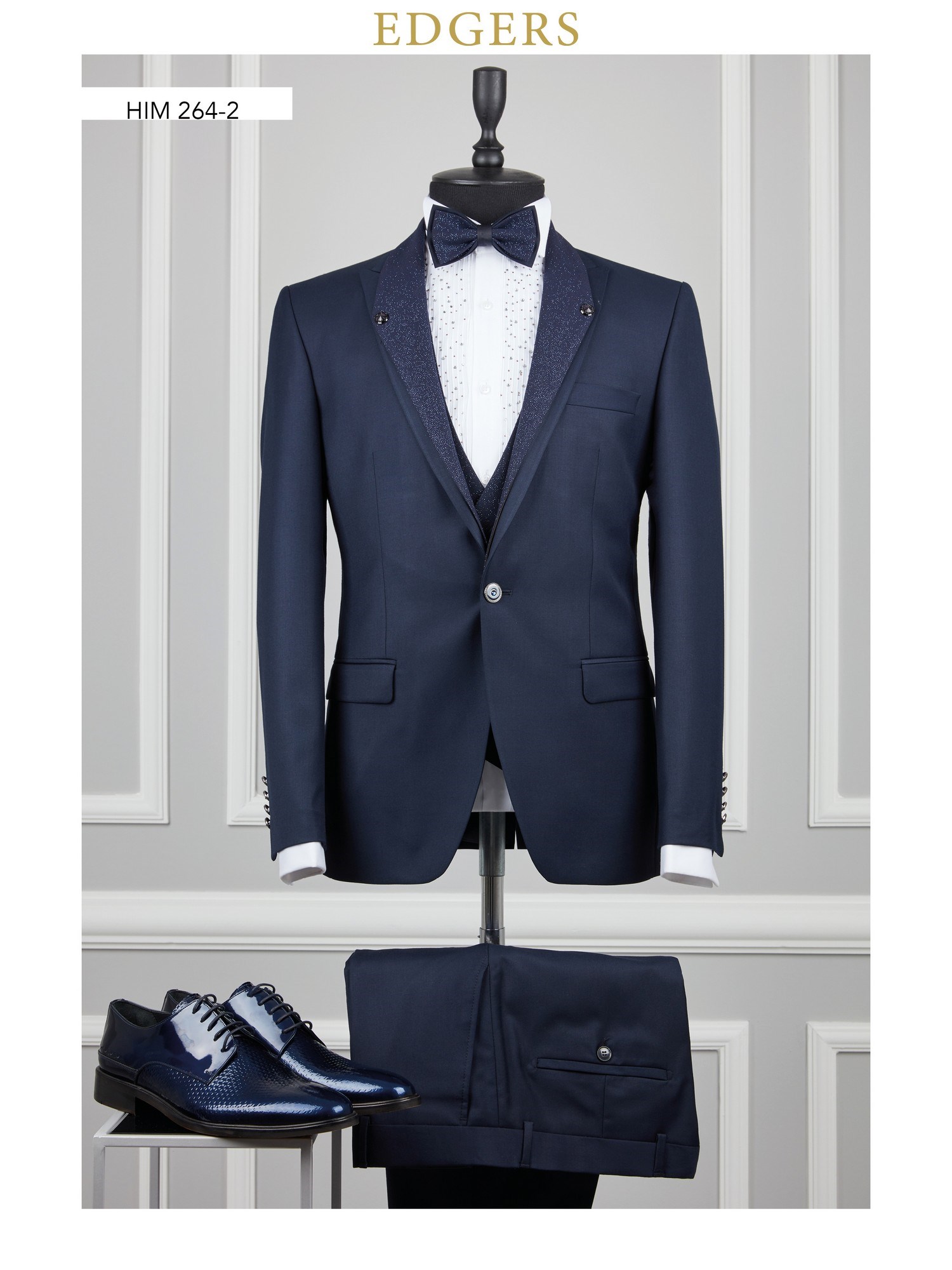 Sparkly Collar Dark-Blue Wedding Suit Wholesale
