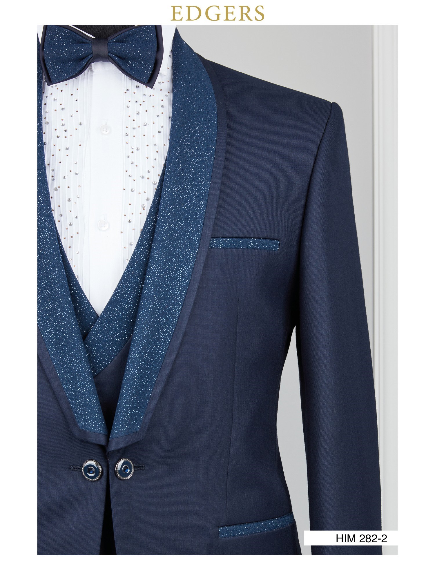 Edgers Tek Düğme Yelekli Navy Blue Sivery Collar Slim Fit Damatlık Takım HİM 282