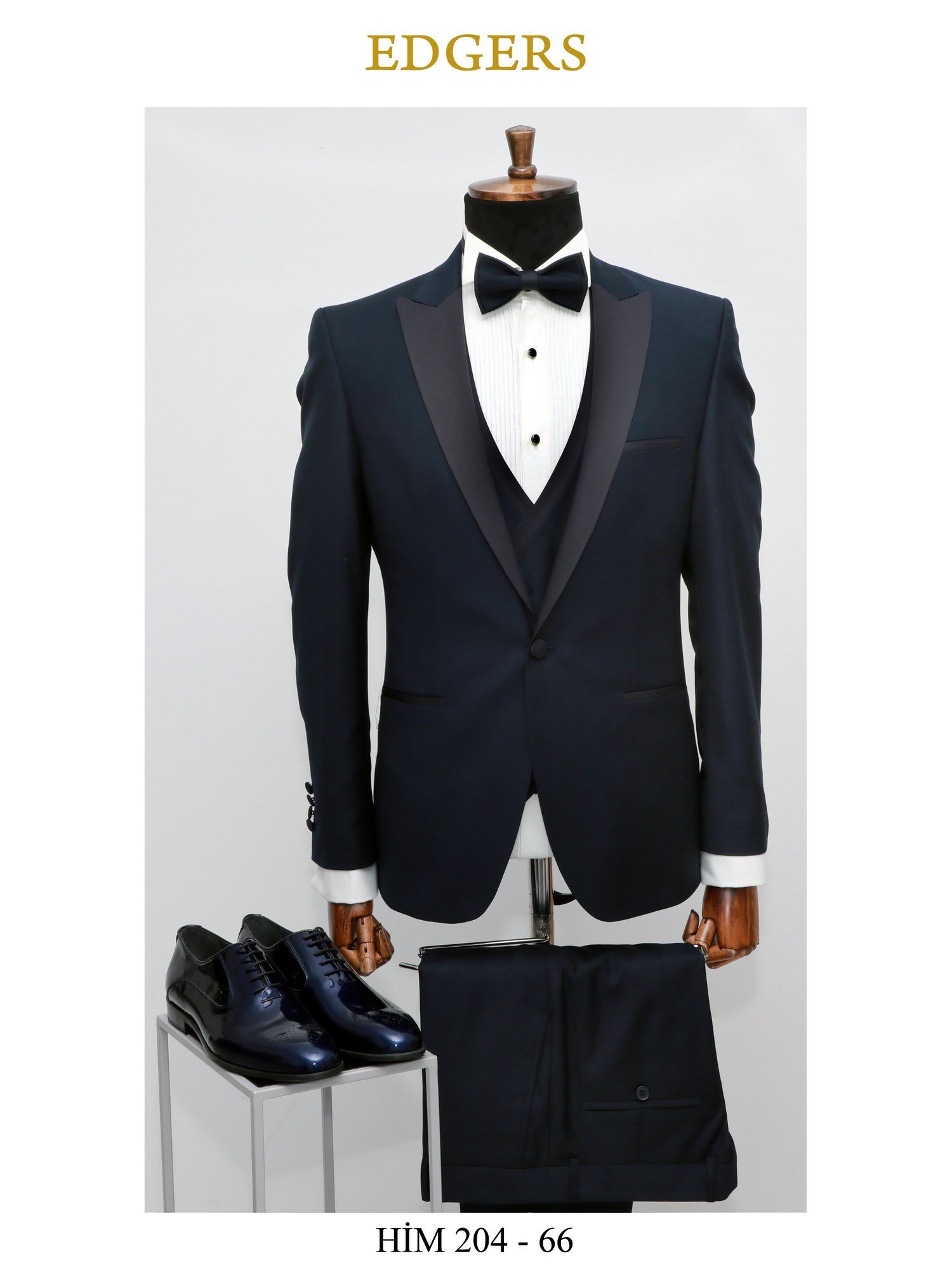 Edgers Tek Düğme Yelekli Navy Blue Slim Fit Damatlık Takım HİM 204