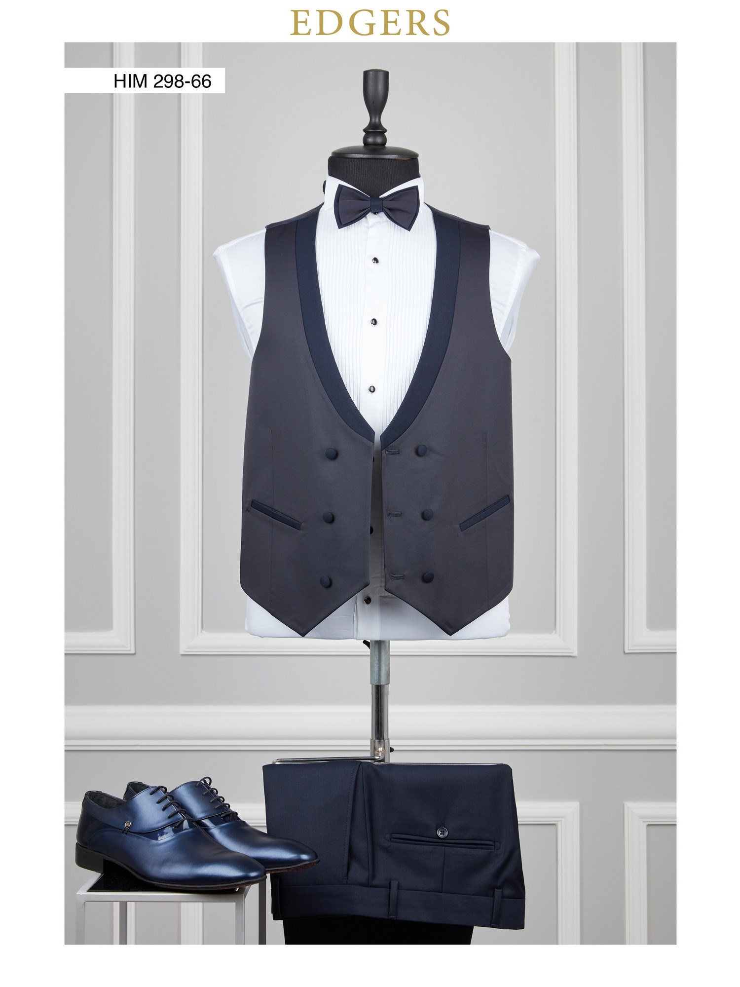 Edgers Tek Düğme Yelekli Navy Blue Slim Fit Damatlık Takım HİM 298