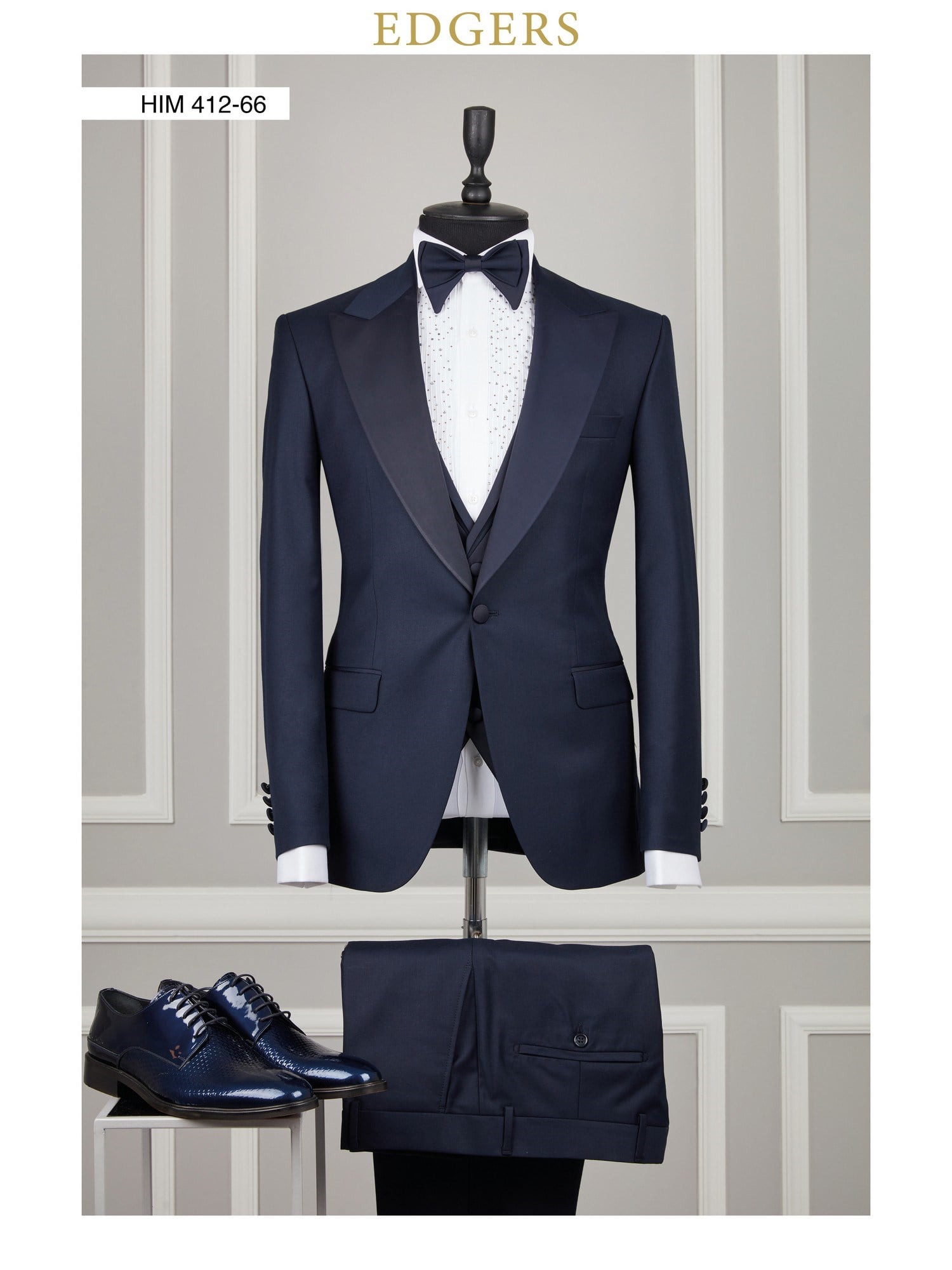 Edgers Tek Düğme Yelekli Navy Blue Slim Fit Damatlık Takım HİM 412