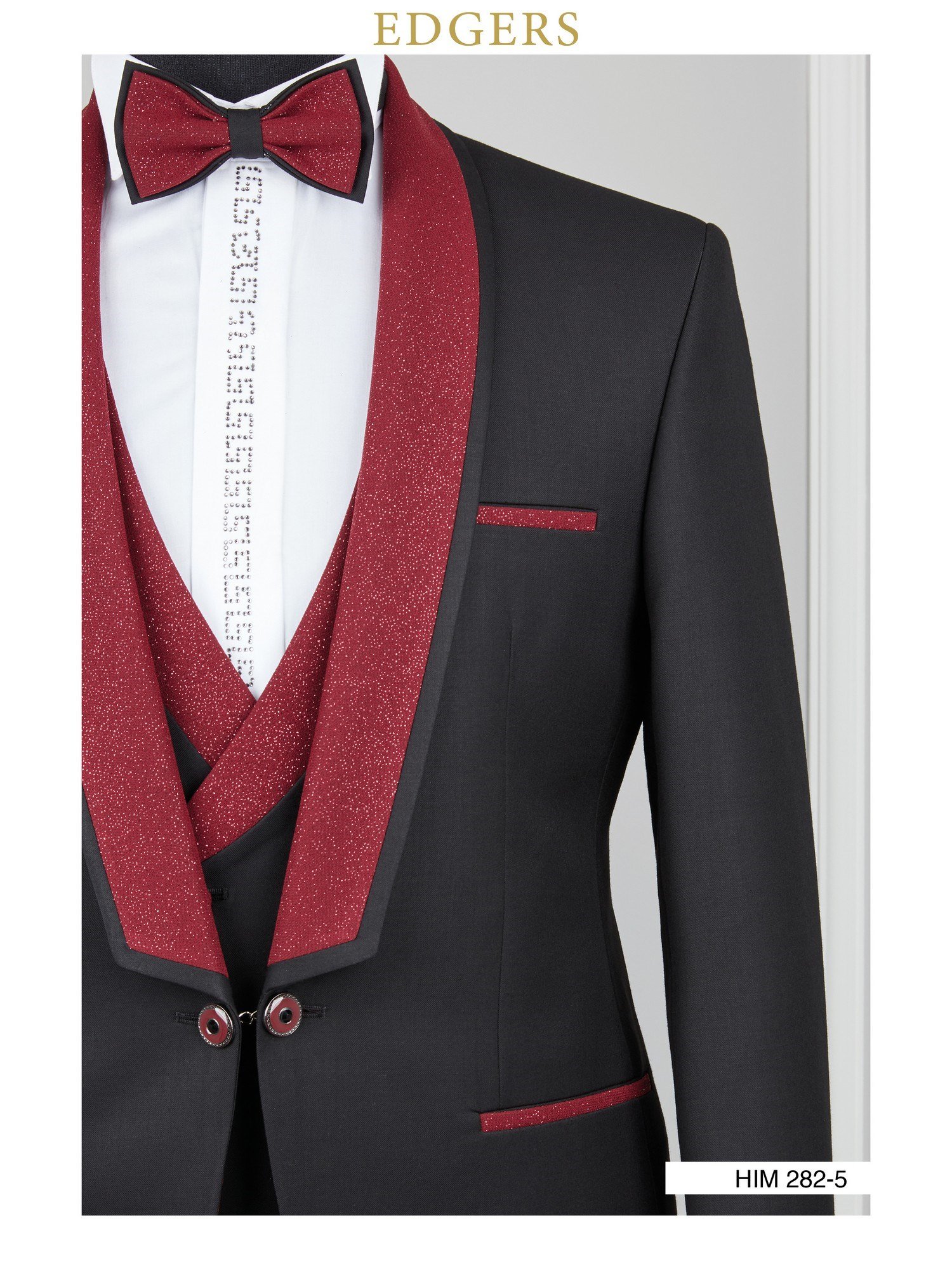 Edgers Tek Düğme Yelekli Siyah Maroon Silvery Collar Slim Fit Damatlık Takım HİM 282