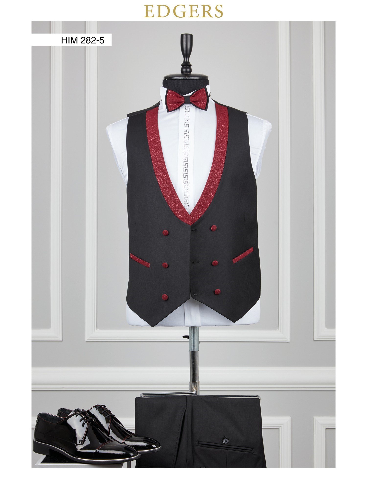 Edgers Tek Düğme Yelekli Siyah Maroon Silvery Collar Slim Fit Damatlık Takım HİM 282