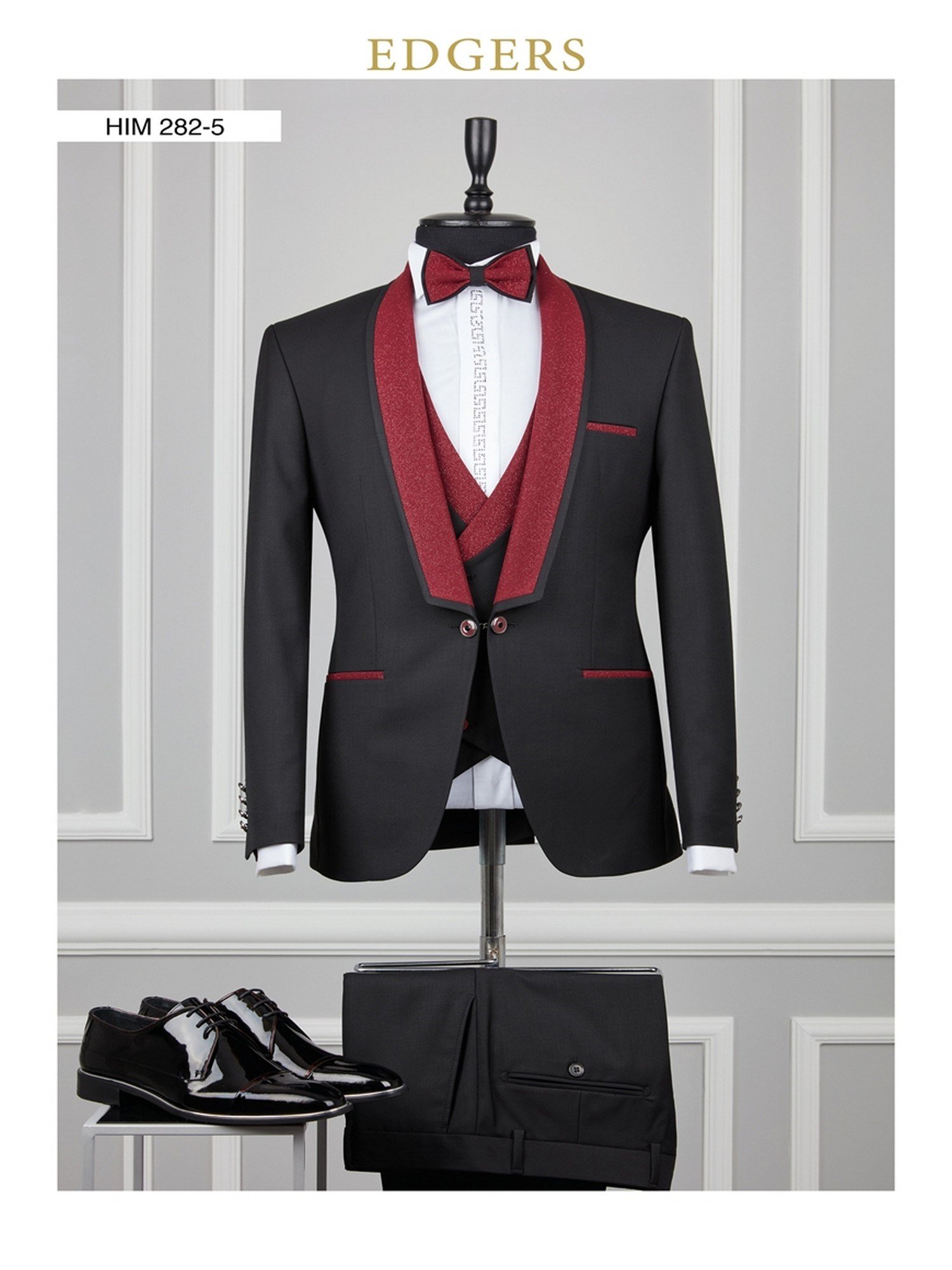 Edgers Tek Düğme Yelekli Siyah Maroon Silvery Collar Slim Fit Damatlık Takım HİM 282