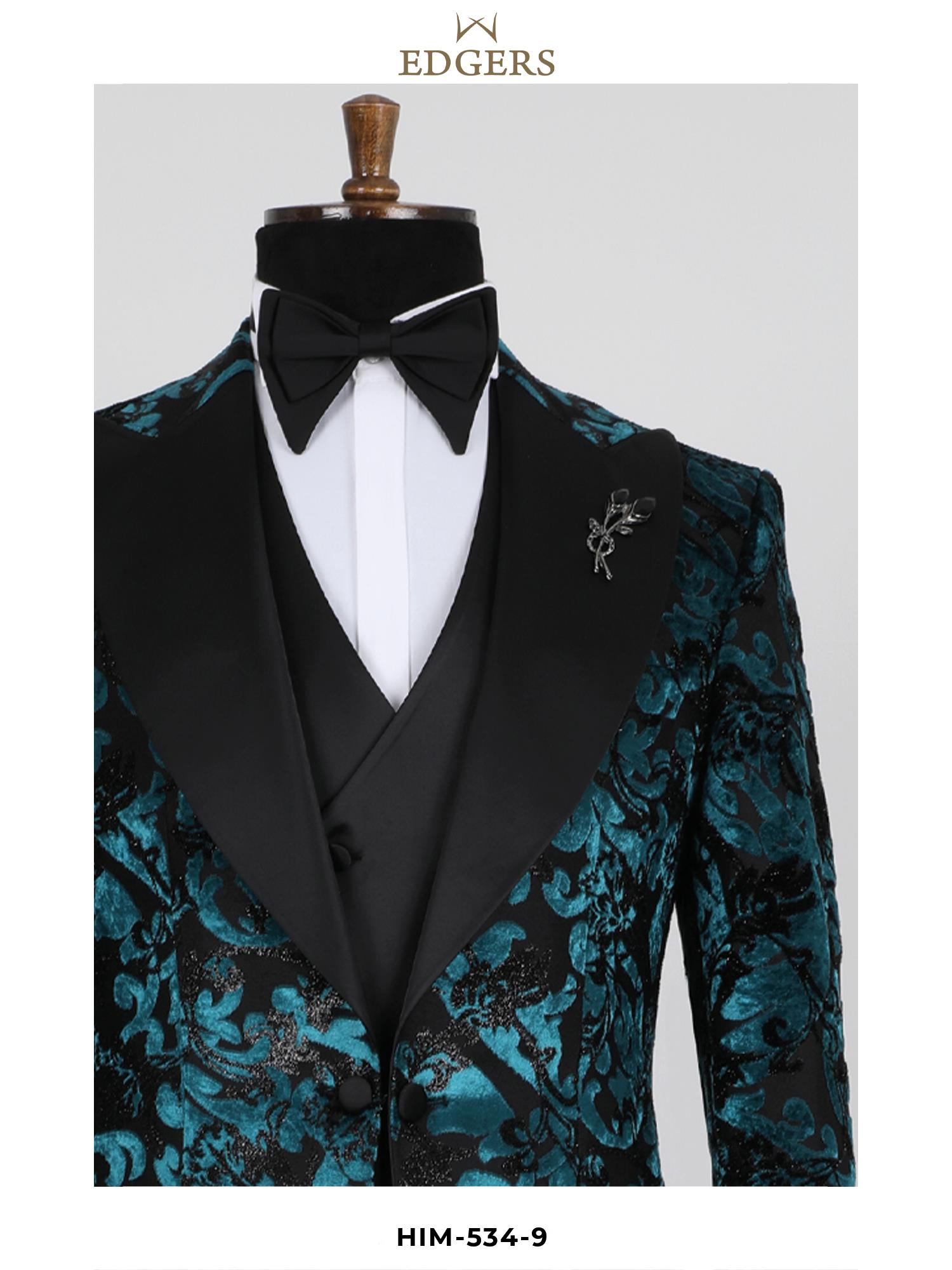 Light-Blue Patterned Slim Fit Black Tuxedo Wholesale 