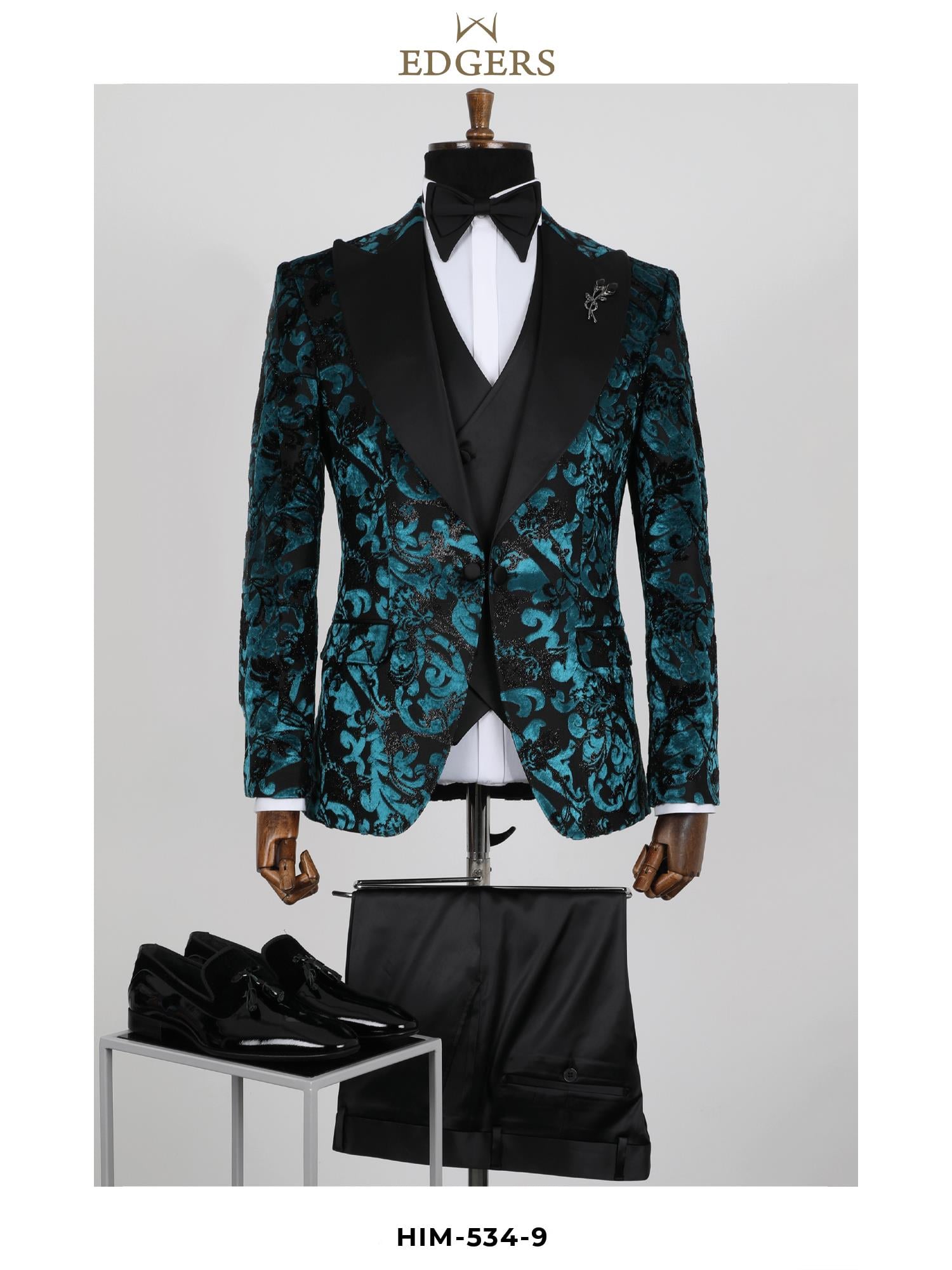 Light-Blue Patterned Slim Fit Black Tuxedo Wholesale 