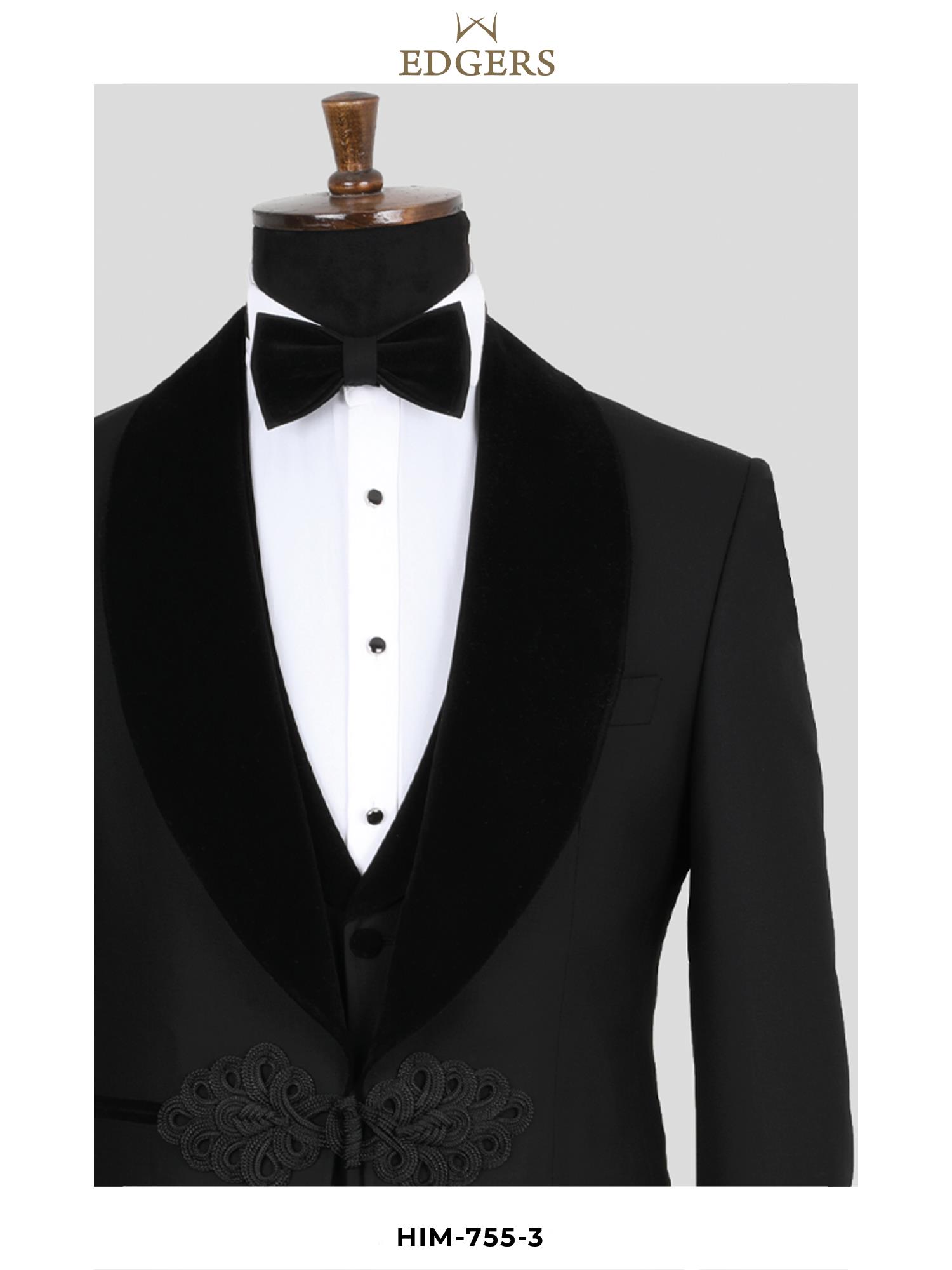 Black Embroidery Detailed Slim Fit Tuxedo Wholesale 