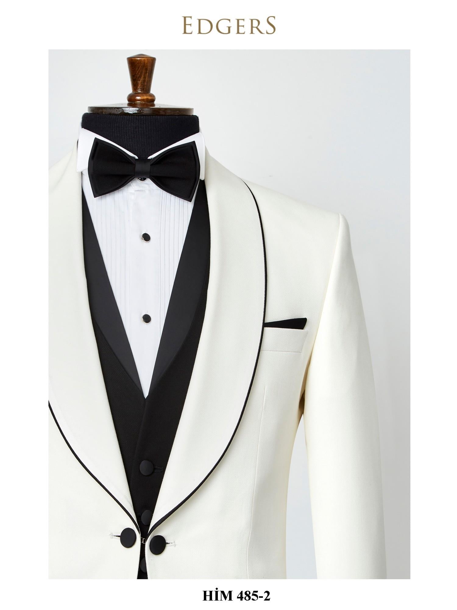 Edgers Tek Düğme Yelekli White Slim Fit Damatlık Takım HİM 485