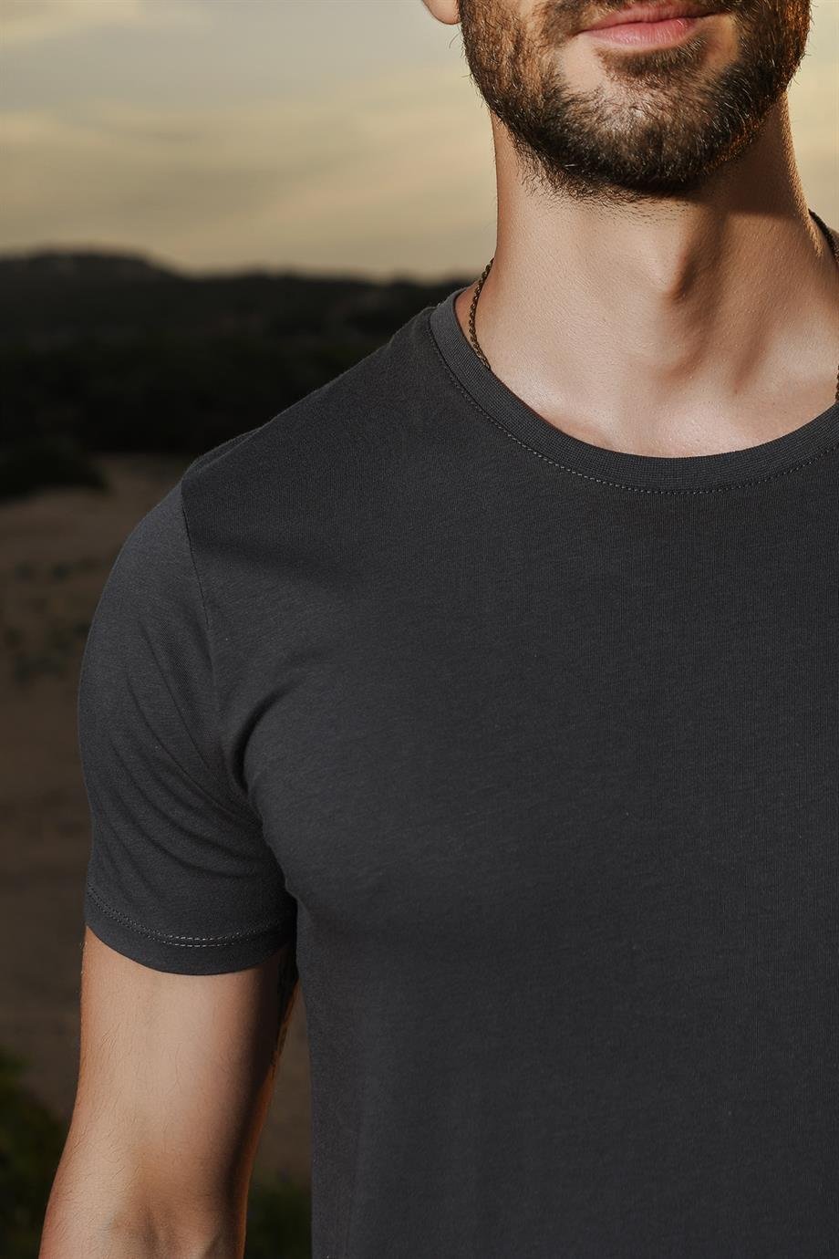 Antrasit Erkek Bisiklet Yaka  T-Shirt