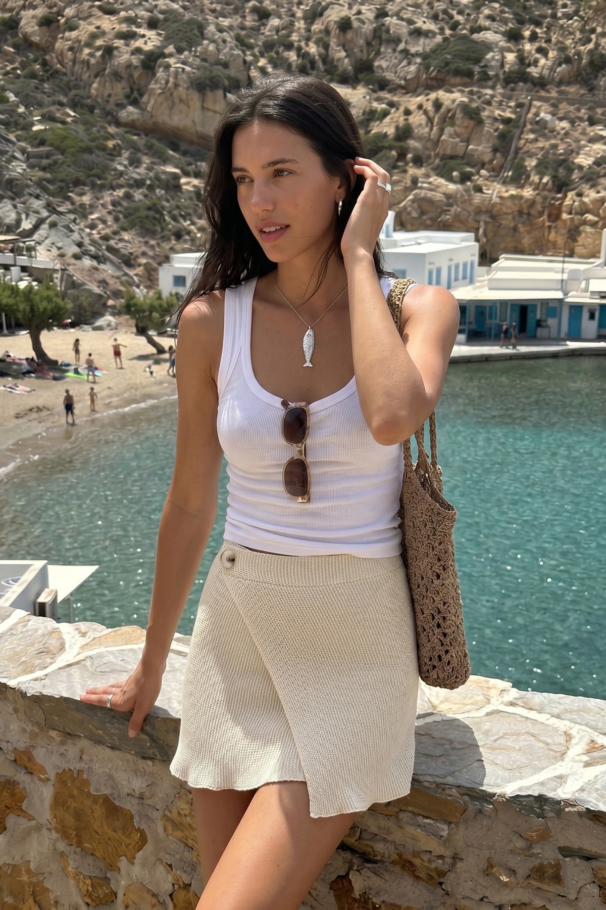 Anvelop Düğmeli Mini Örme Triko Etek Vanilya 26S3047