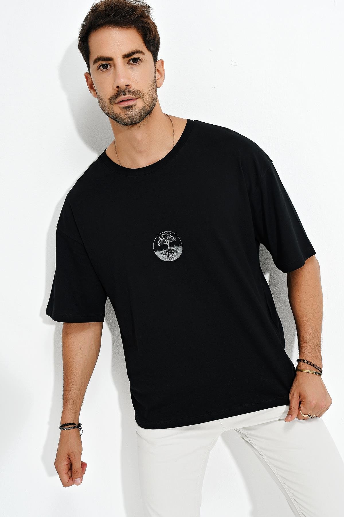 Baskılı Desen Bisiklet Yaka Oversize T-Shirt