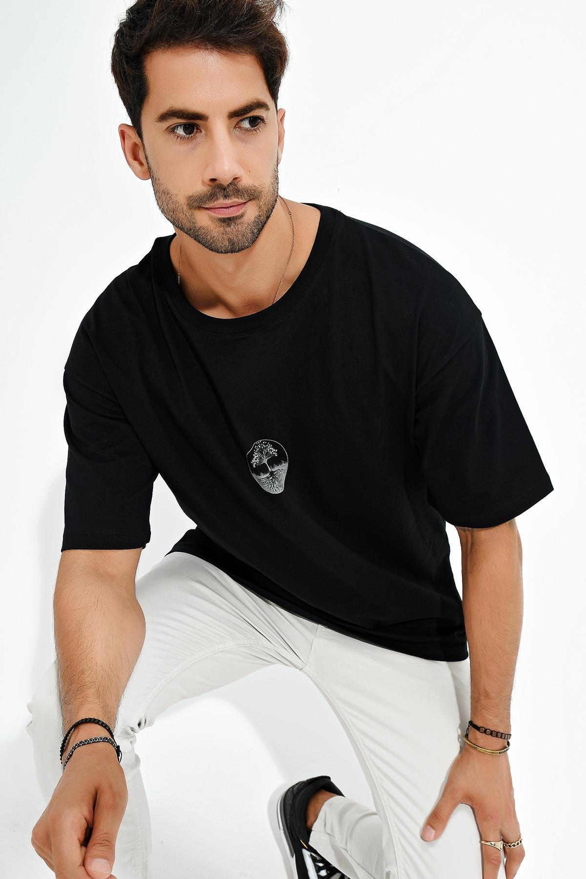 Baskılı Desen Bisiklet Yaka Oversize T-Shirt