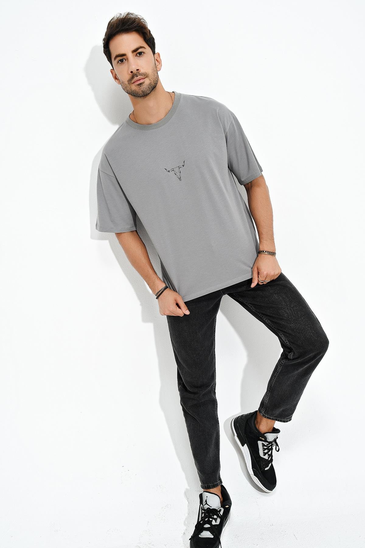 Baskılı Desen Bisiklet Yaka Oversize T-Shirt