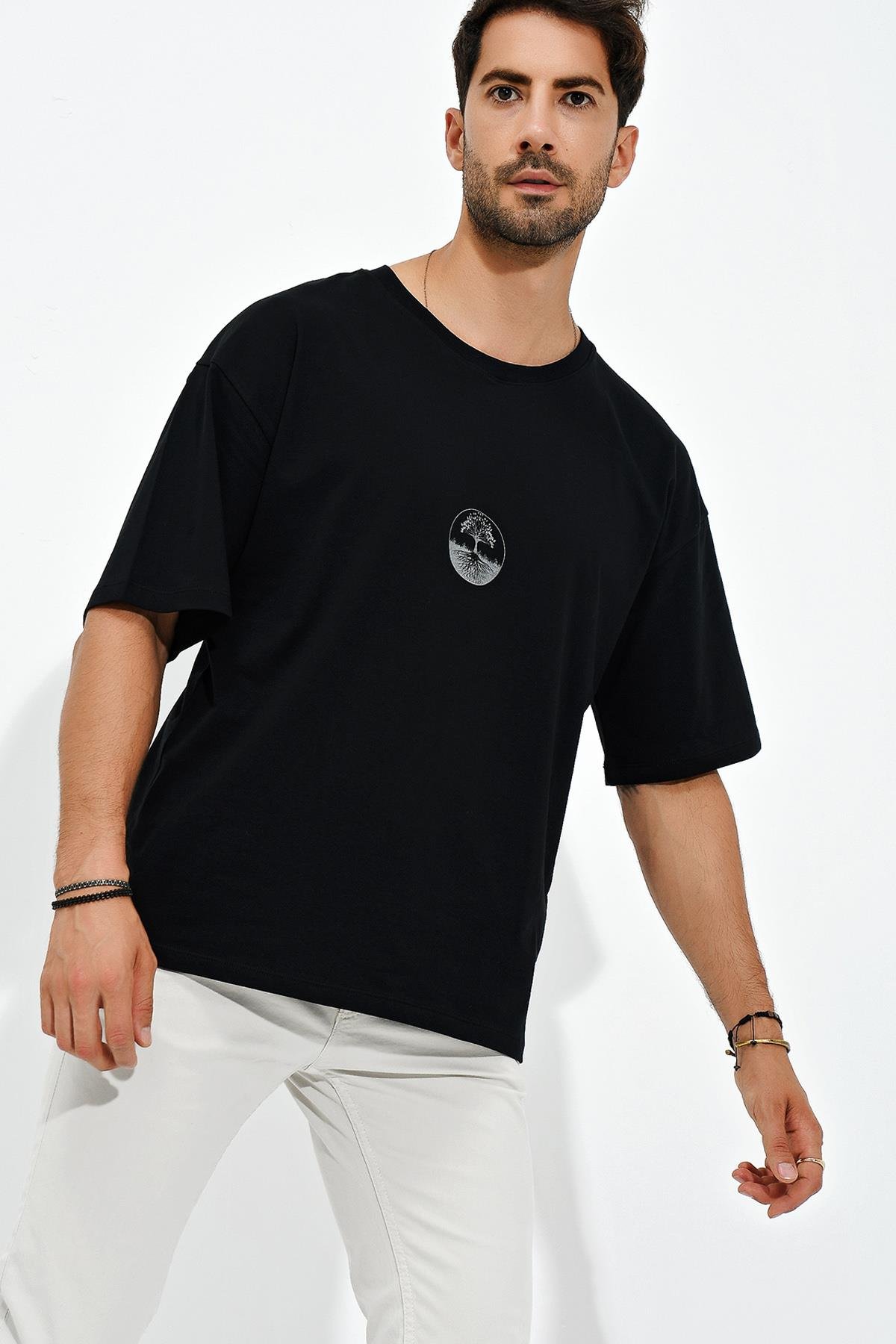 Baskılı Desen Bisiklet Yaka Oversize T-Shirt
