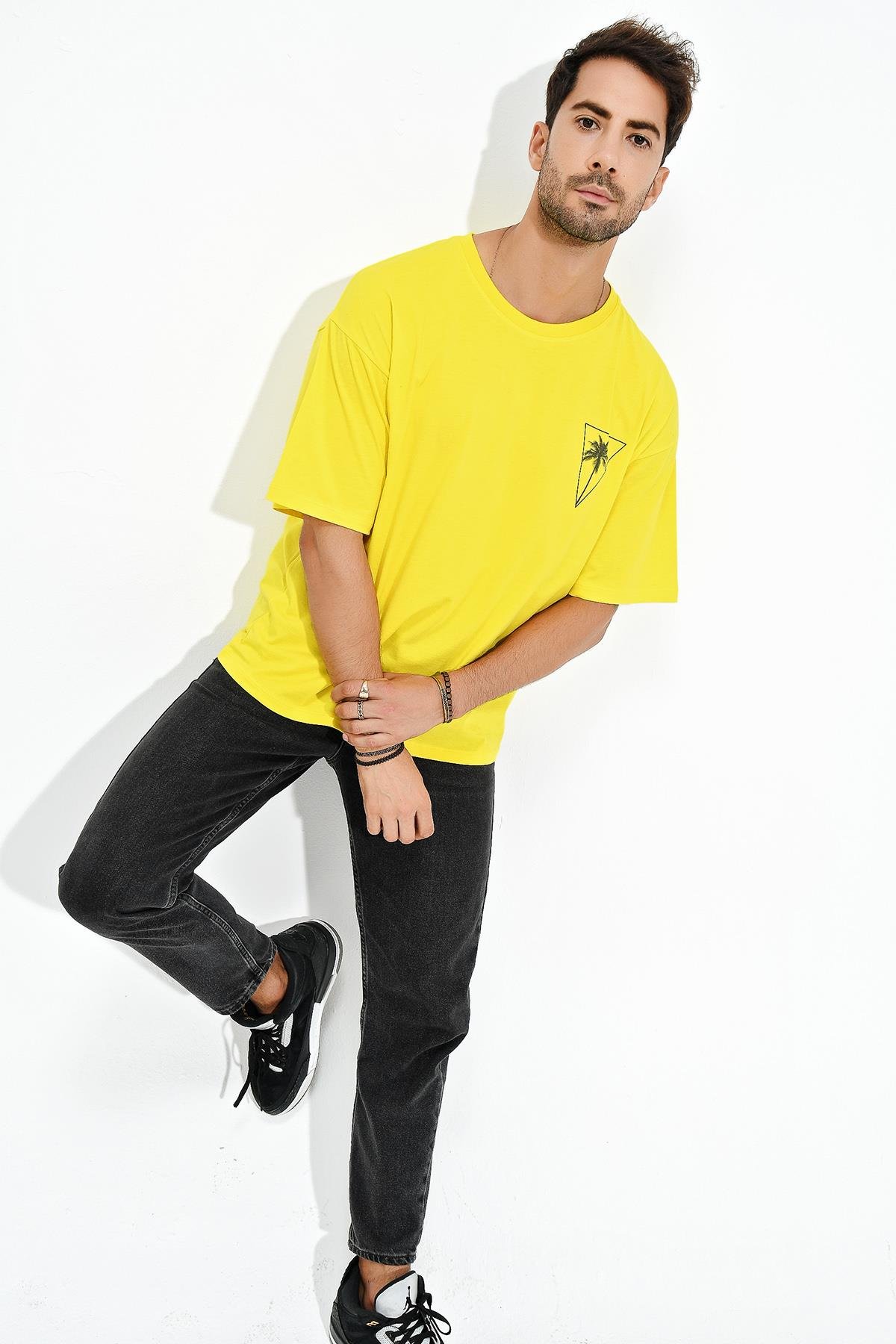 Baskılı Desen Bisiklet Yaka Oversize T-Shirt