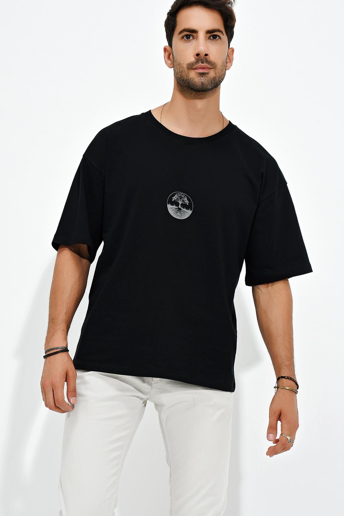 Baskılı Desen Bisiklet Yaka Oversize T-Shirt