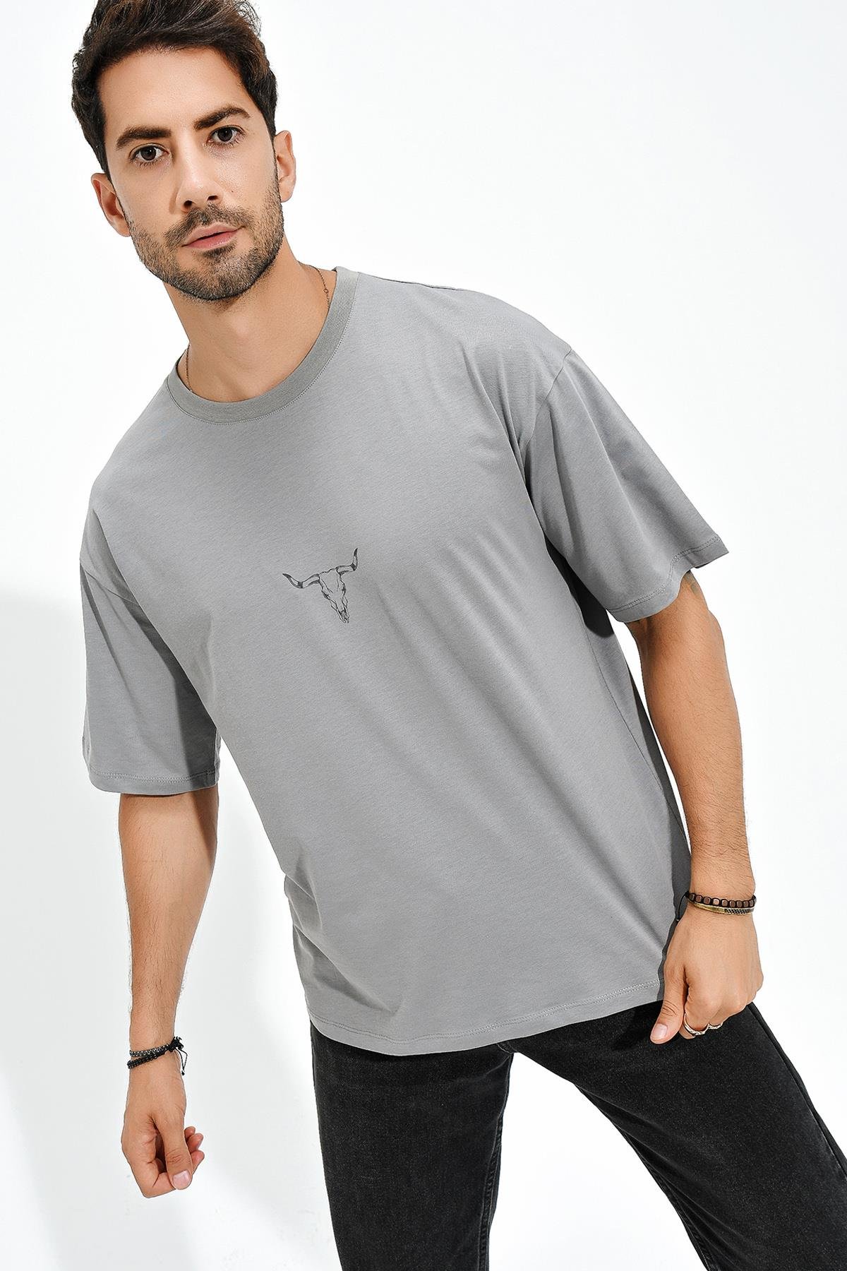 Baskılı Desen Bisiklet Yaka Oversize T-Shirt