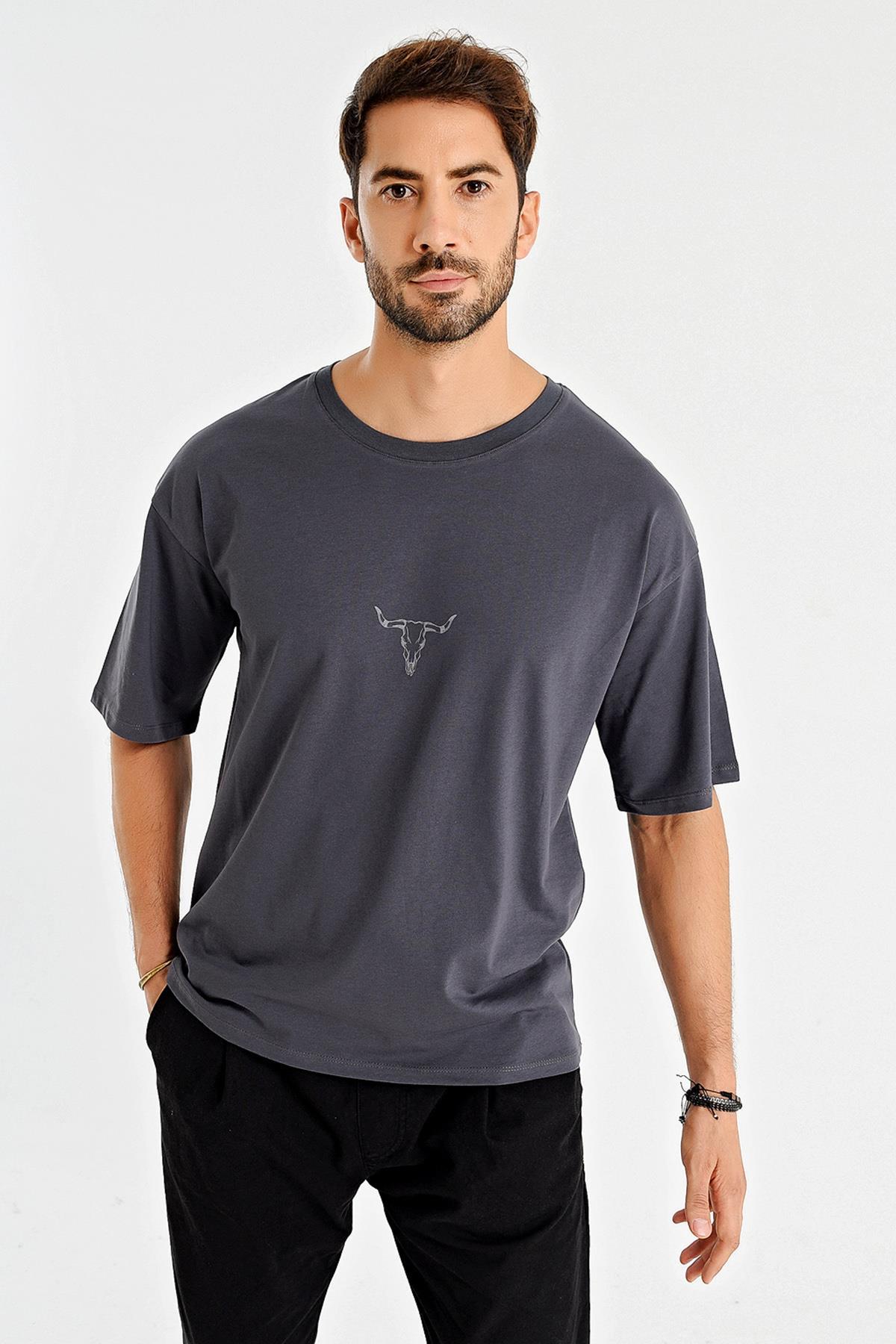 Baskılı Desen Bisiklet Yaka Oversize T-Shirt