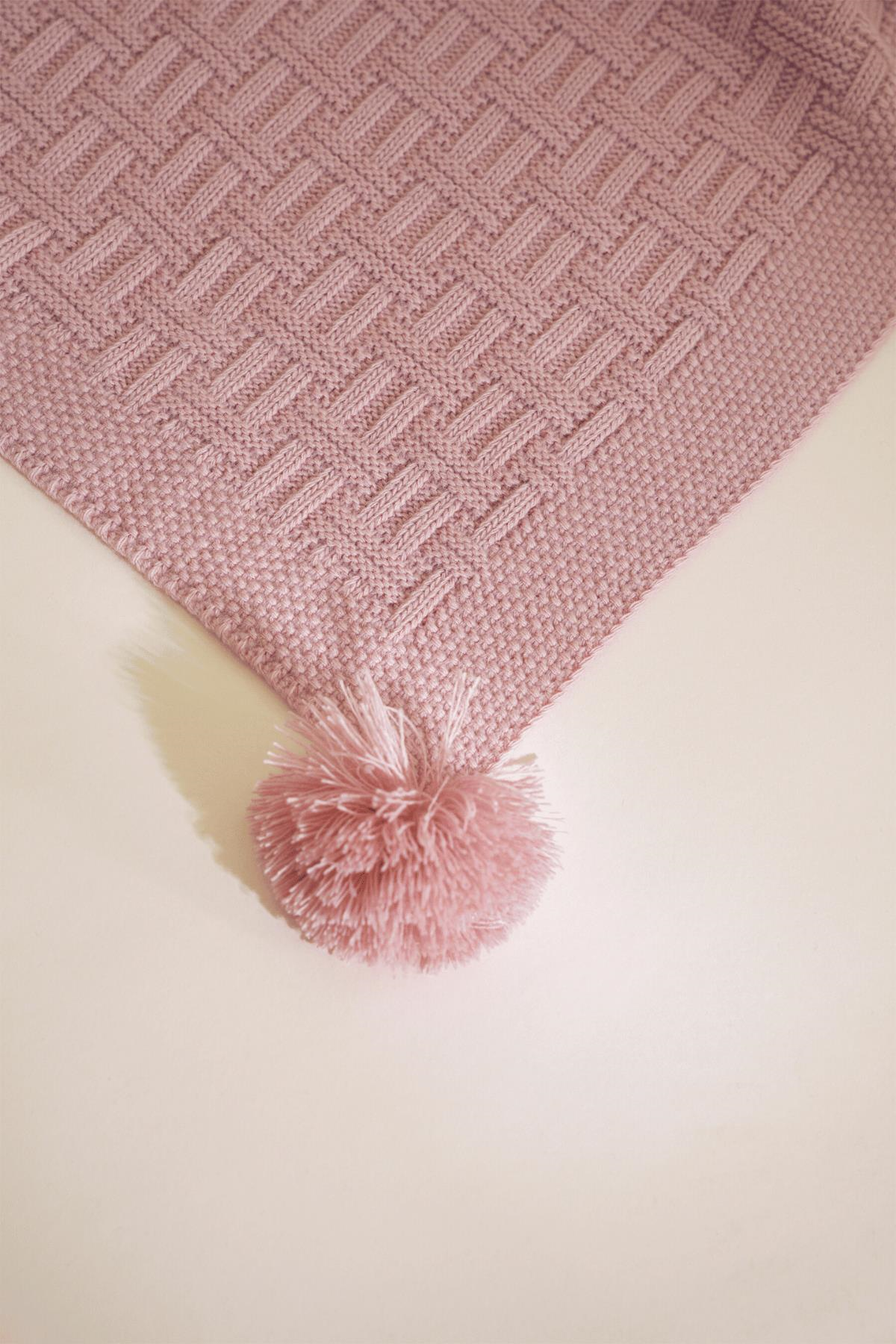 Chuba Çocuk Hasır Desenli Ponponlu Triko Battaniye (80cmx100cm) Pudra CHKIDS203