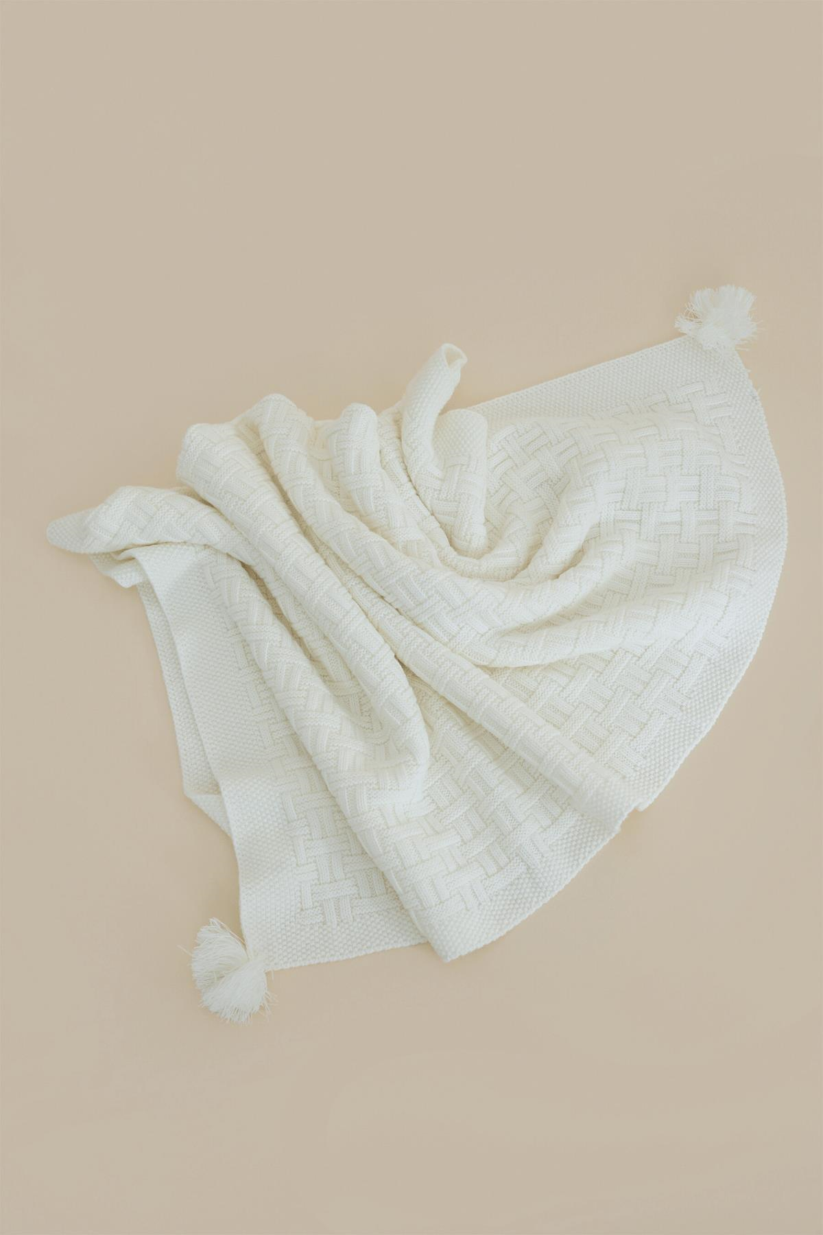 Chuba Çocuk Hasır Desenli Ponponlu Triko Battaniye (80cmx100cm) Ekru CHKIDS203