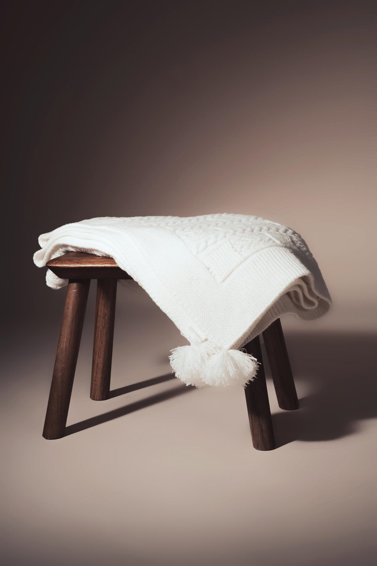 Chuba Çocuk Hasır Desenli Ponponlu Triko Battaniye (80cmx100cm) Ekru CHKIDS203