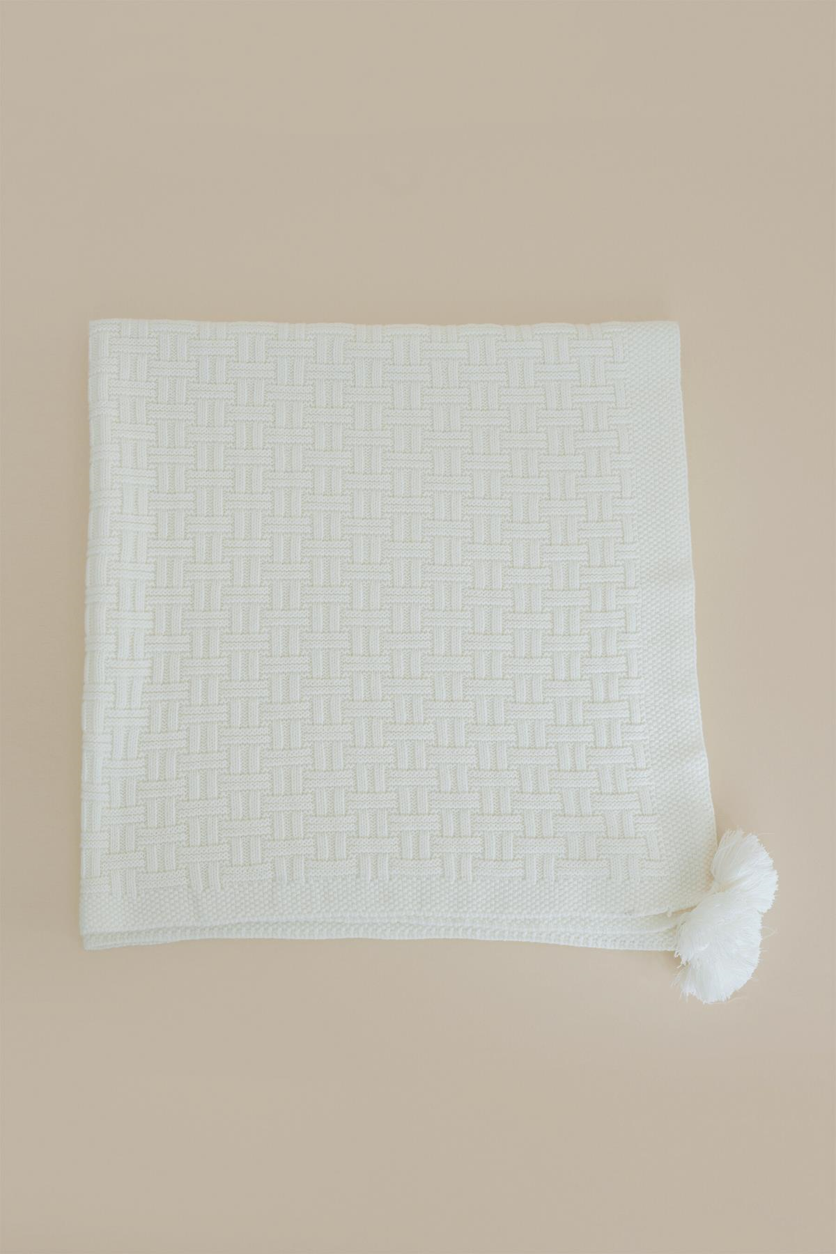 Chuba Çocuk Hasır Desenli Ponponlu Triko Battaniye (80cmx100cm) Ekru CHKIDS203