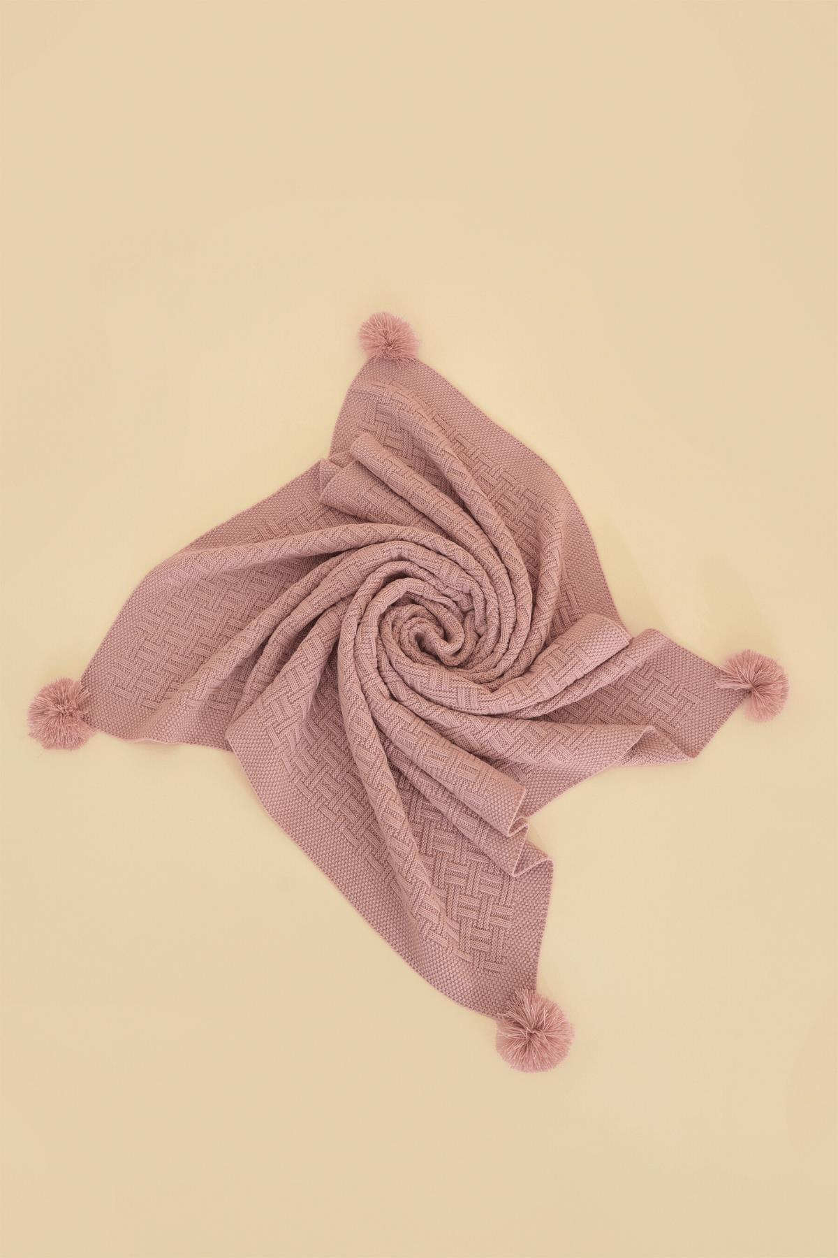 Chuba Çocuk Hasır Desenli Ponponlu Triko Battaniye (80cmx100cm) Pudra CHKIDS203