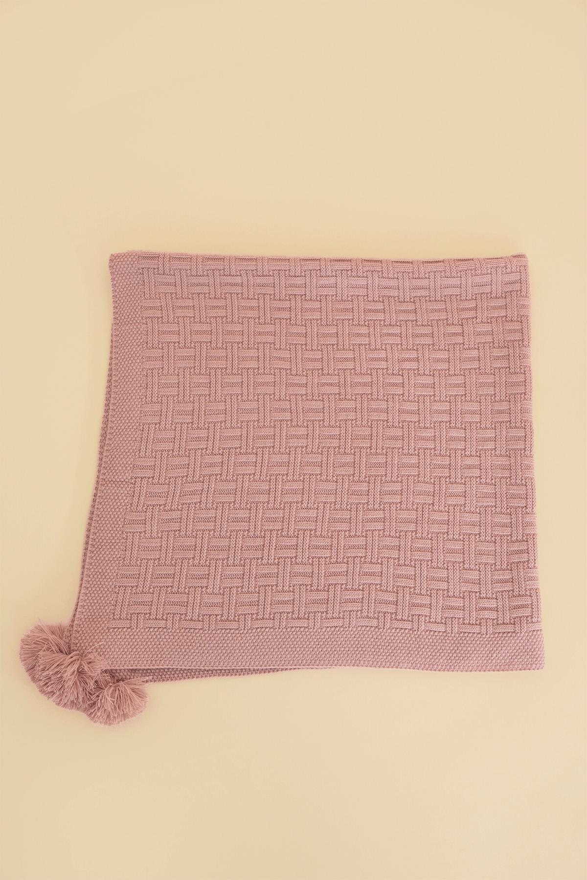 Chuba Çocuk Hasır Desenli Ponponlu Triko Battaniye (80cmx100cm) Pudra CHKIDS203