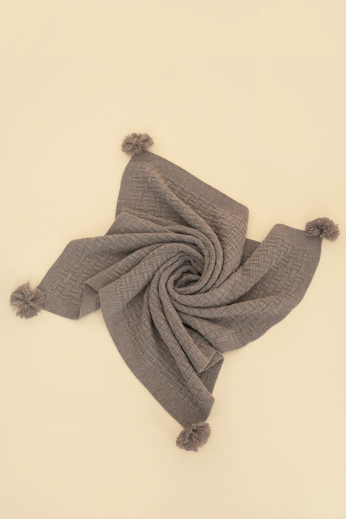 Chuba Çocuk Hasır Desenli Ponponlu Triko Battaniye (80cmx100cm) Vizon CHKIDS203