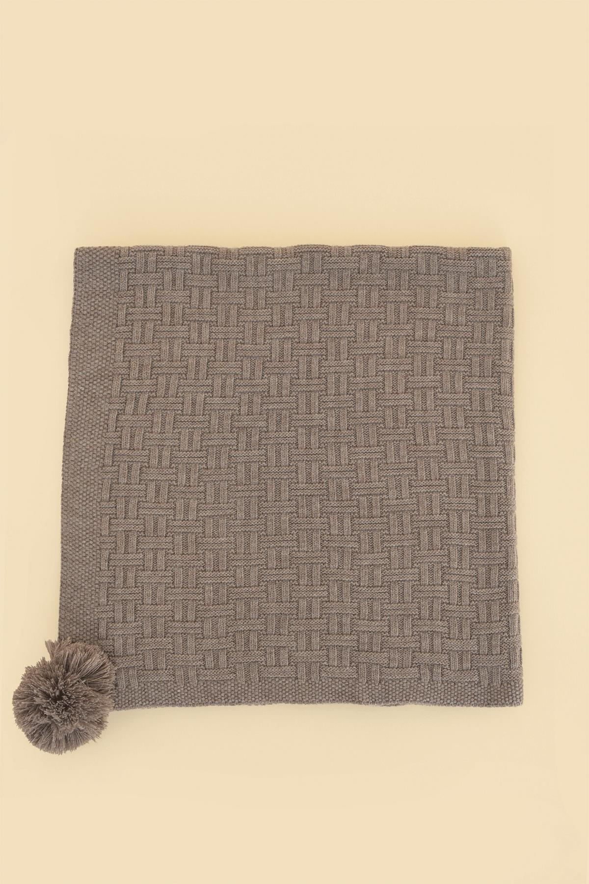 Chuba Çocuk Hasır Desenli Ponponlu Triko Battaniye (80cmx100cm) Vizon CHKIDS203