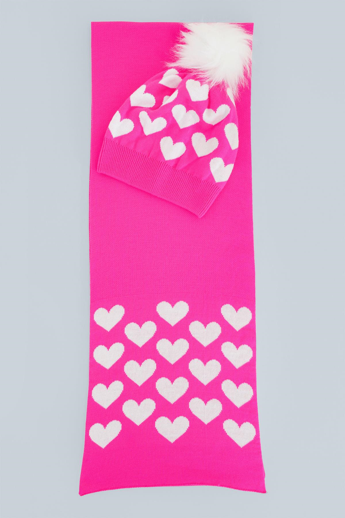 Chuba Çocuk Kalp Desenli Ponponlu Atkı Bere Takımı 7-9 & 10-12 Yaş Fuşya CHKIDS105