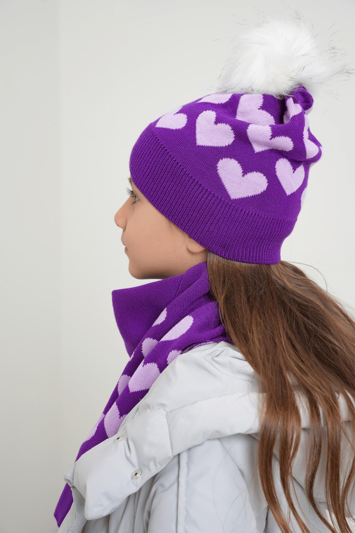 Chuba Çocuk Kalp Desenli Ponponlu Atkı Bere Takımı 7-9 & 10-12 Yaş Mor CHKIDS105