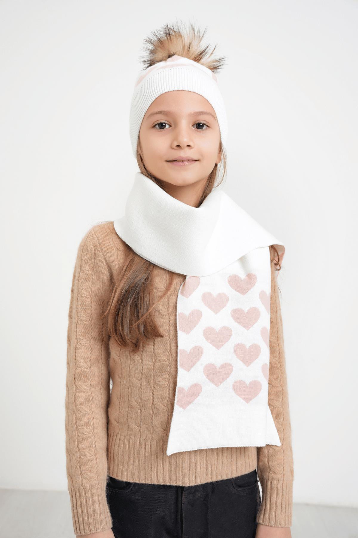 Chuba Çocuk Kalp Desenli Ponponlu Atkı Bere Takımı 7-9 & 10-12 Yaş Beyaz CHKIDS105
